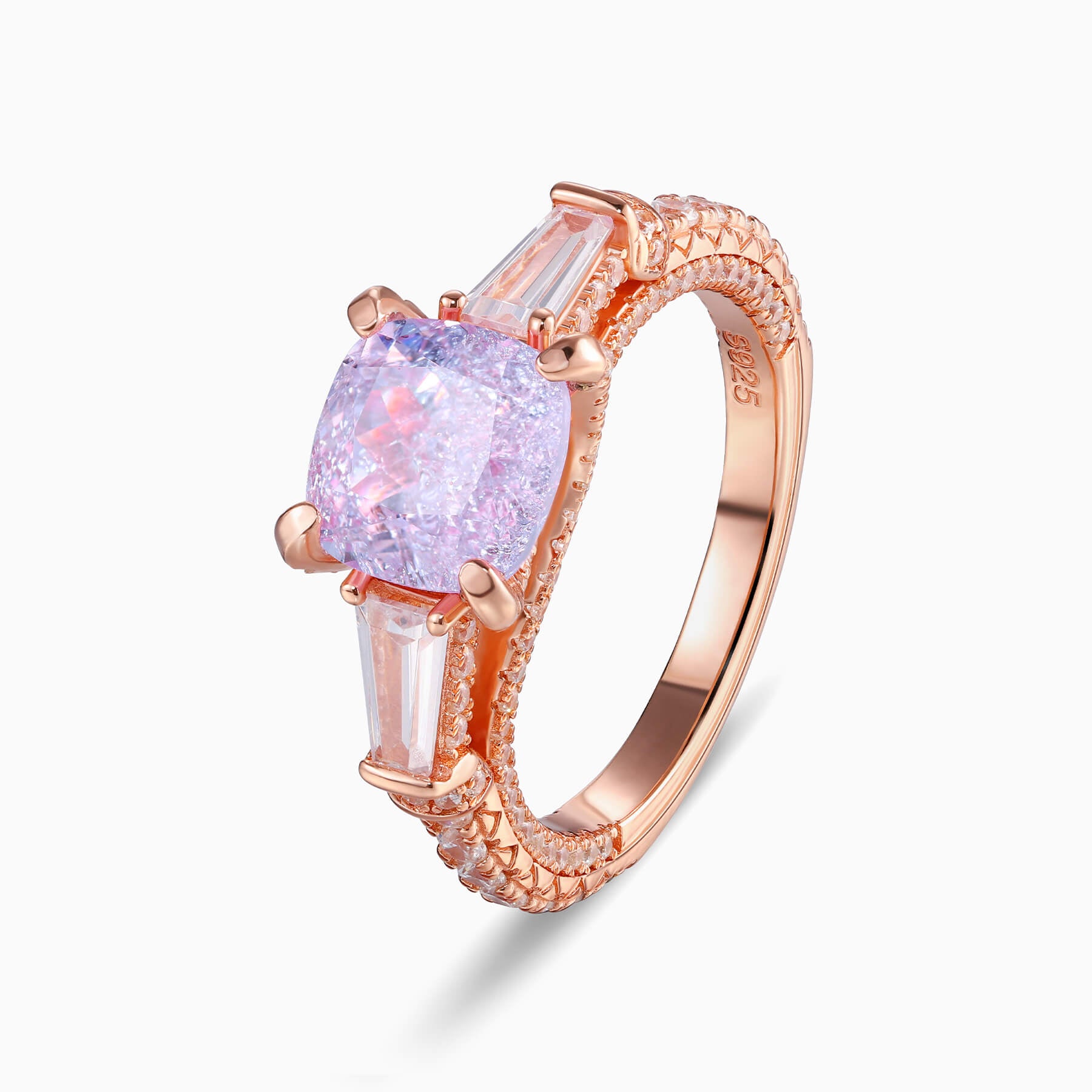Decagon Nova Diamond Cut Lab Grown Lavender Garnets Ice-crackle Texture Ring