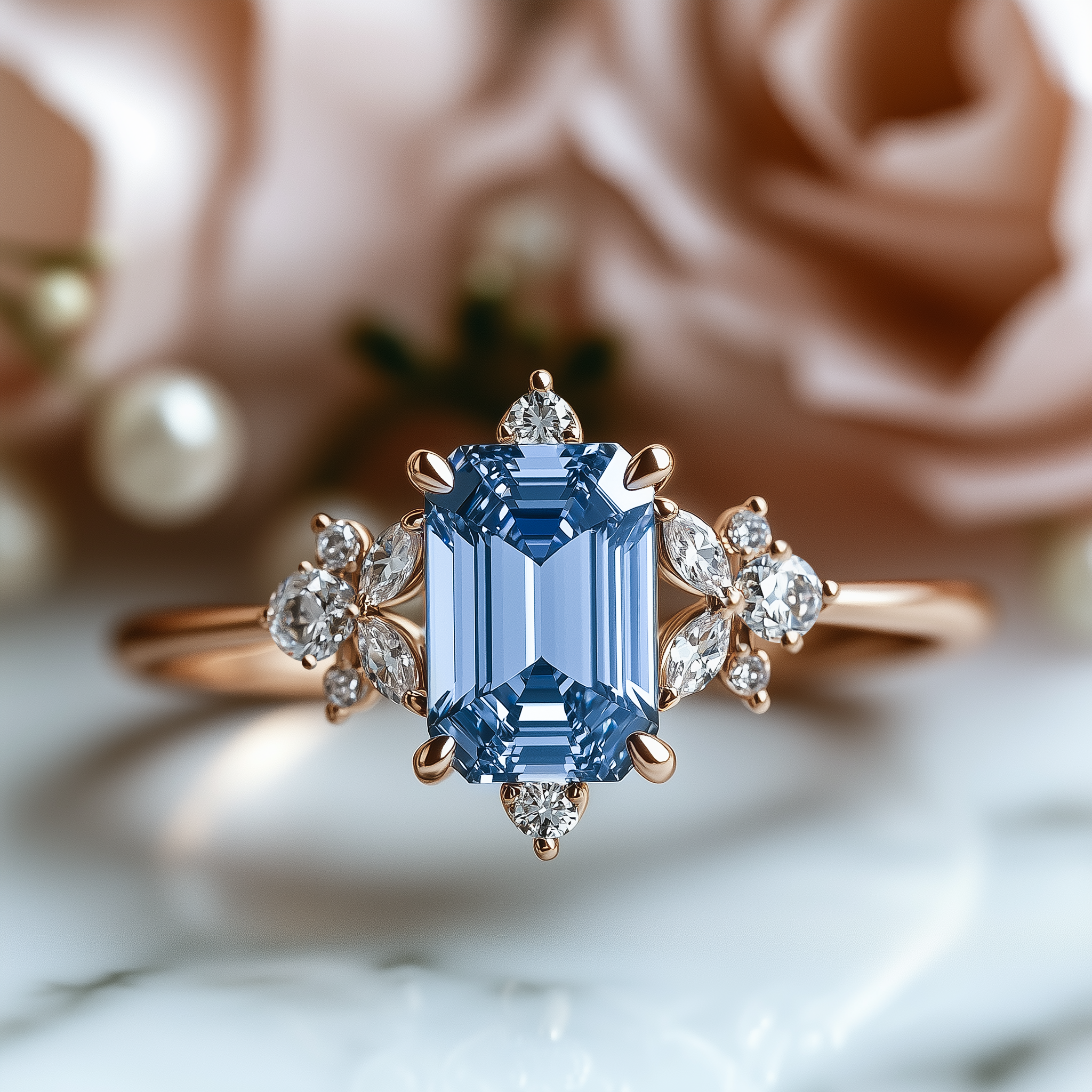 The Rosetta Emerald Cut Oval Vintage Blue Gemstone Ring