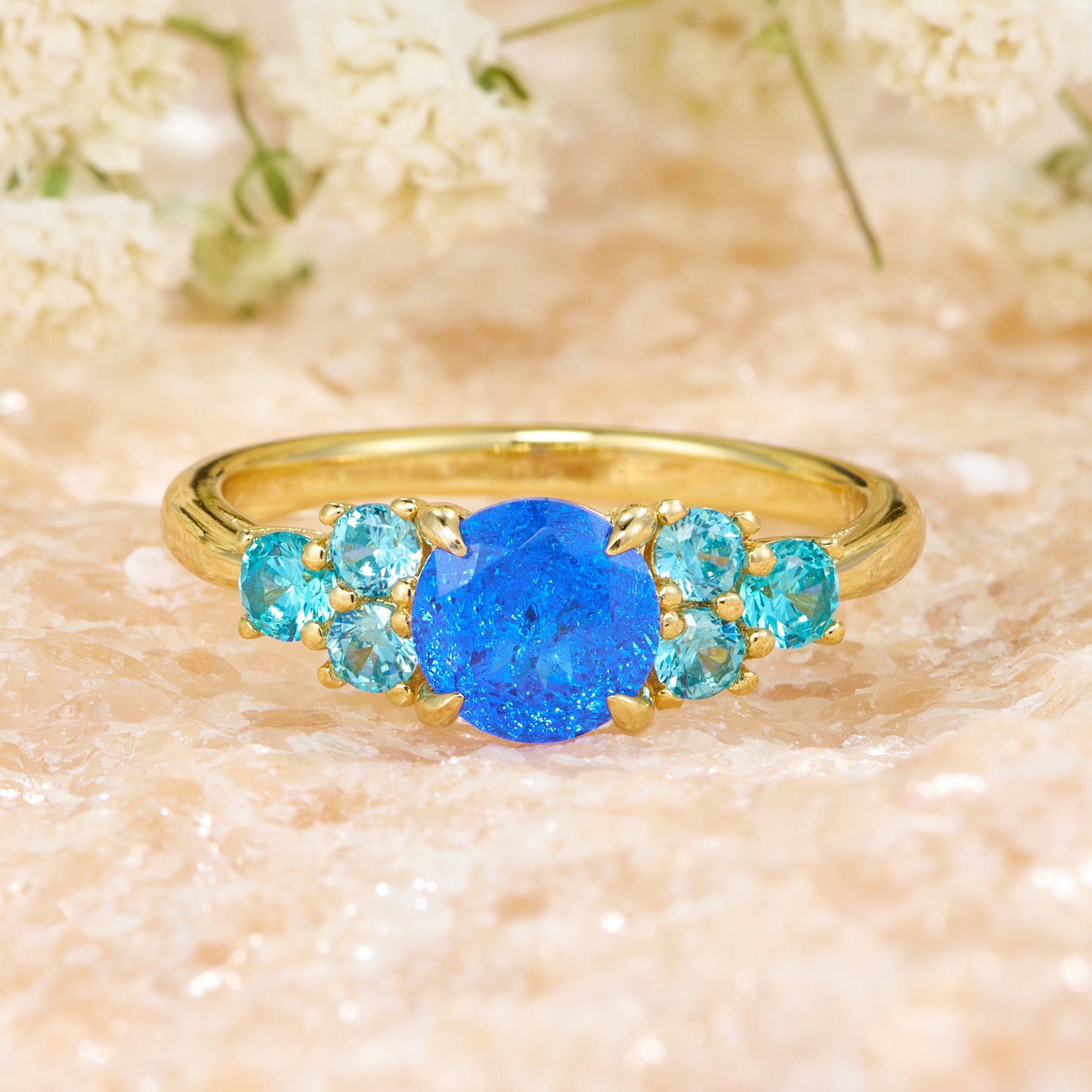 Carina Round Cut Lab Grown Royal Blue Sapphire Ice-crackle Texture Ring