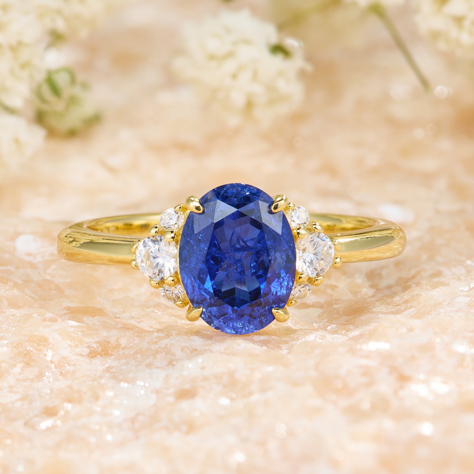 Olivia Jane Oval Cut Lab Grown Sapphire Triple Stone Ice-crackle Texture Ring