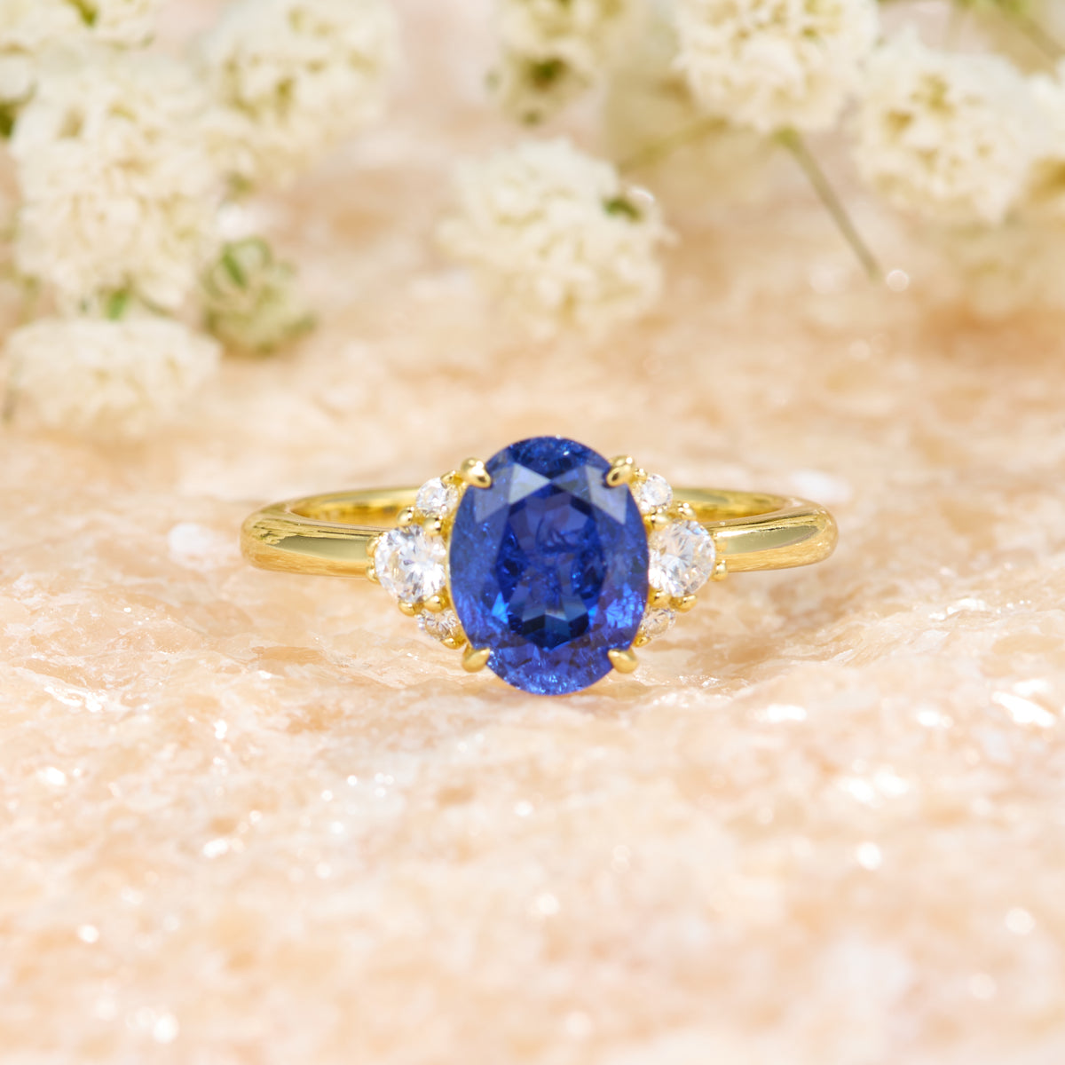 Olivia Jane Oval Cut Lab Grown Sapphire Triple Stone Ice-crackle Texture Ring