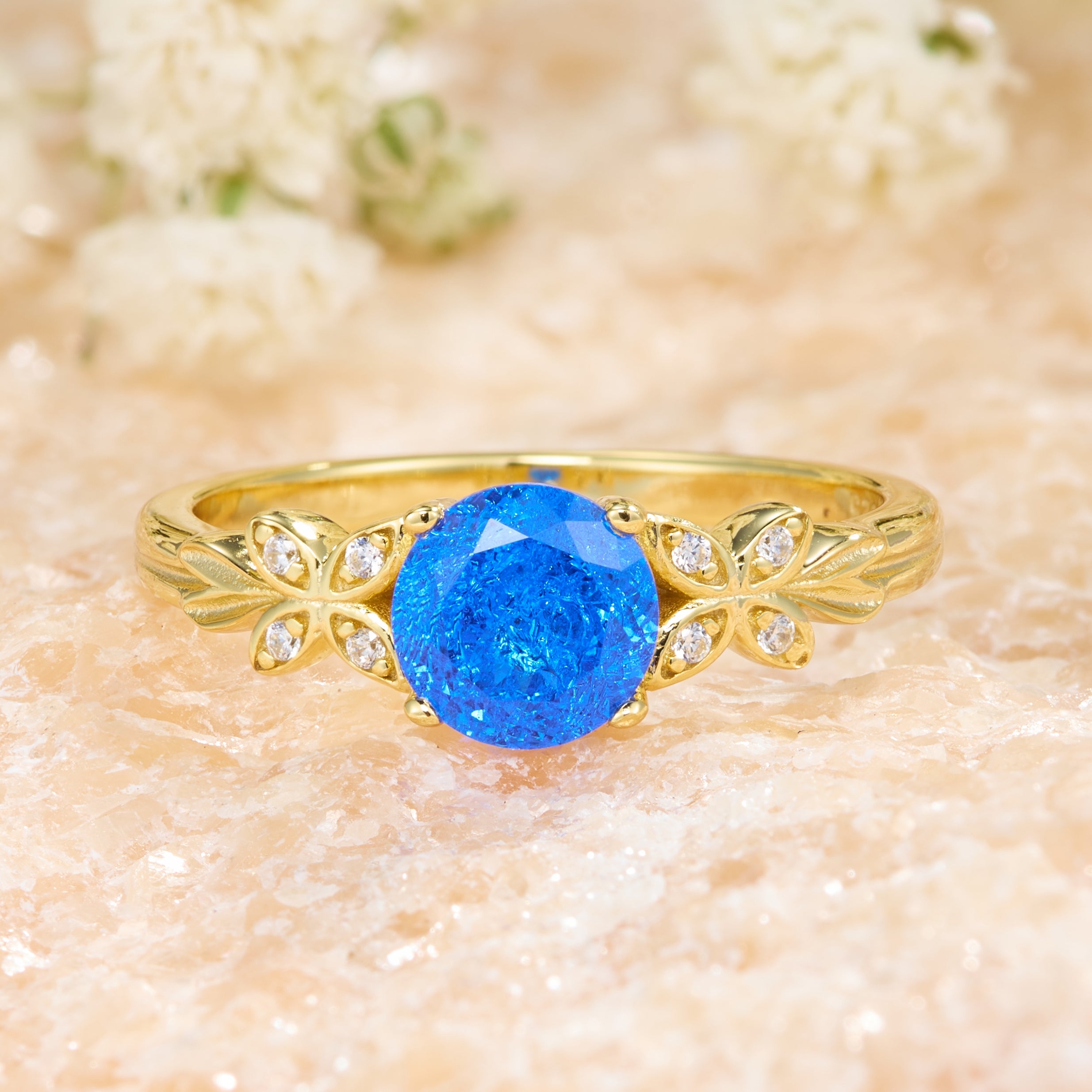 Round Cut Lab Grown Sapphire Ice-crackle Texture Leafy Engagement Ring