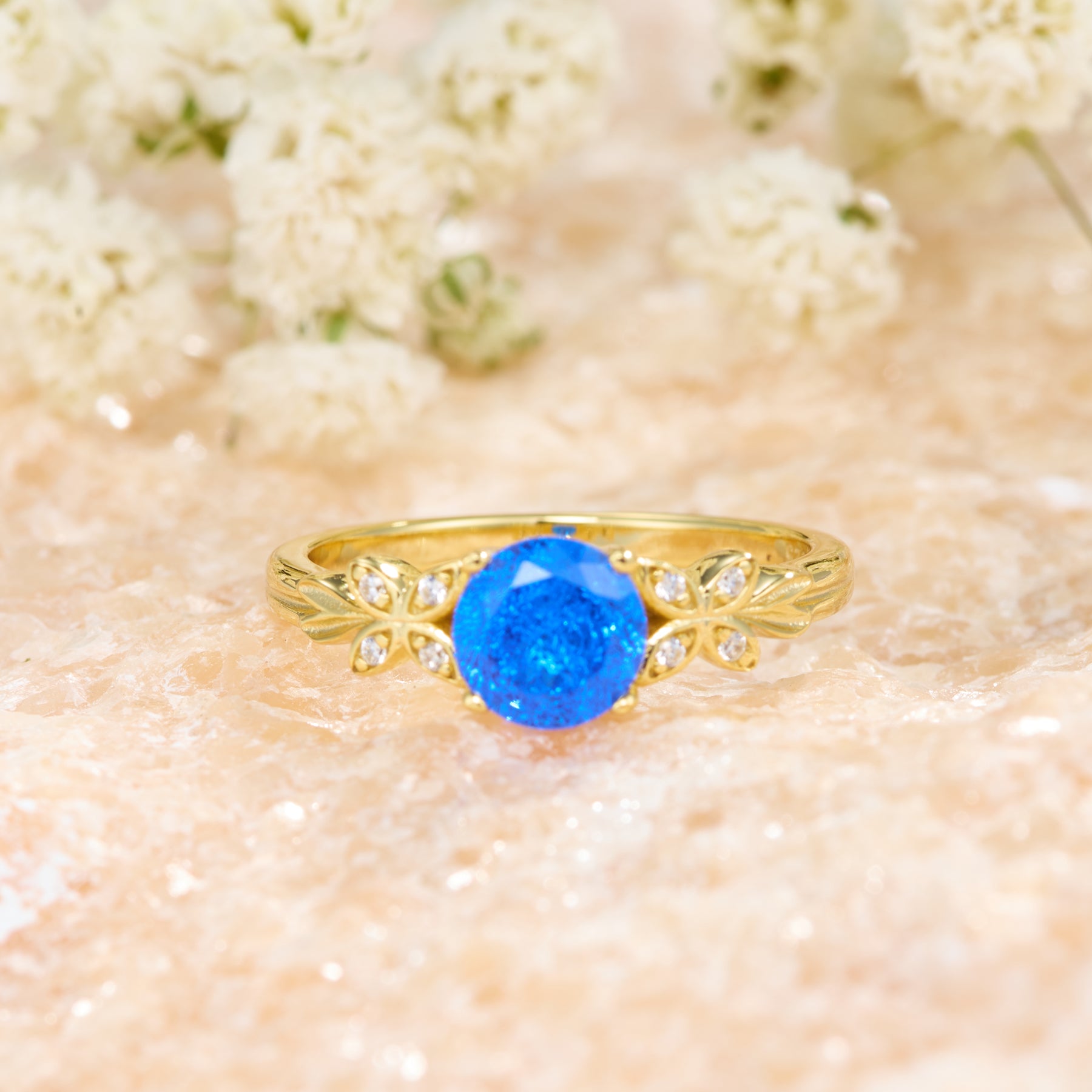 Round Cut Lab Grown Sapphire Ice-crackle Texture Leafy Engagement Ring