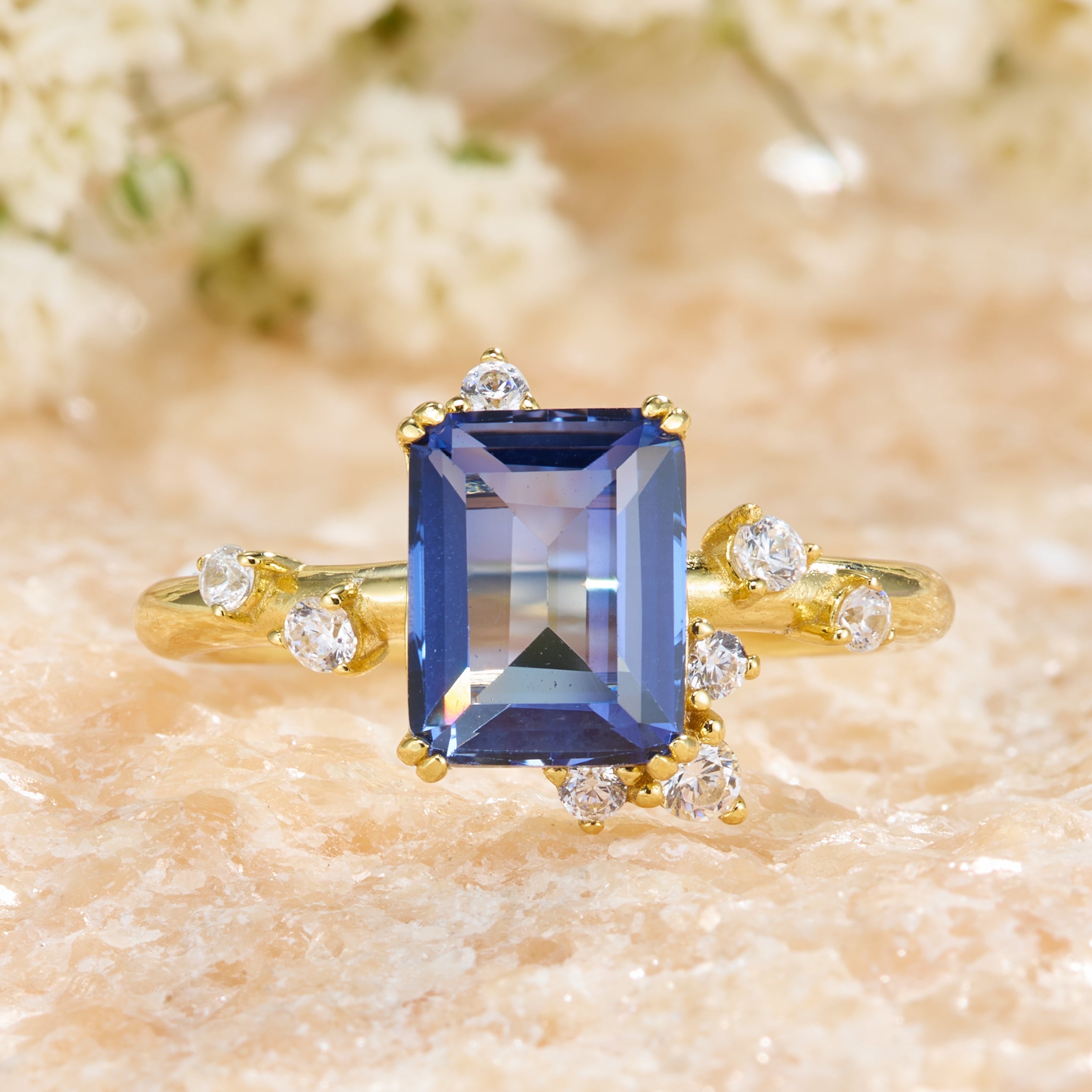 Emerald Cut Lab Grown Sapphire Engagement Ring