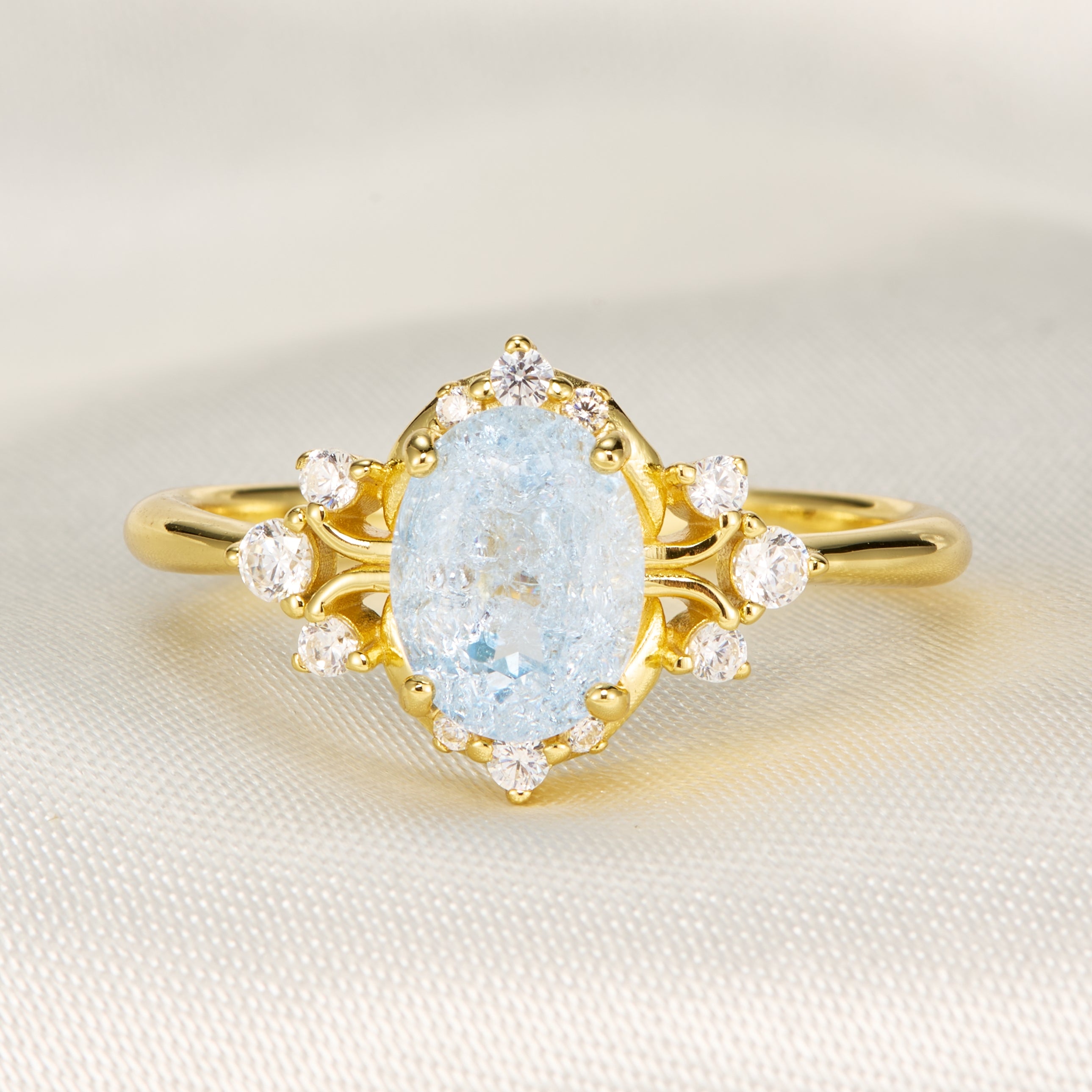 Valoria Oval Cut Lab Grown Aquamarine Ice-crackle Texture Ring