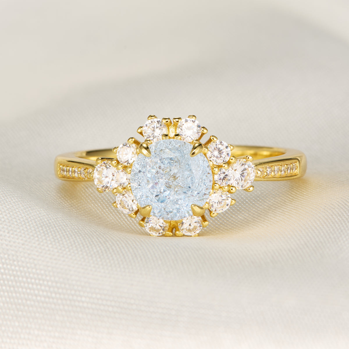 Bague Bethany en aigue-marine de laboratoire, taille ronde, texture craquelée