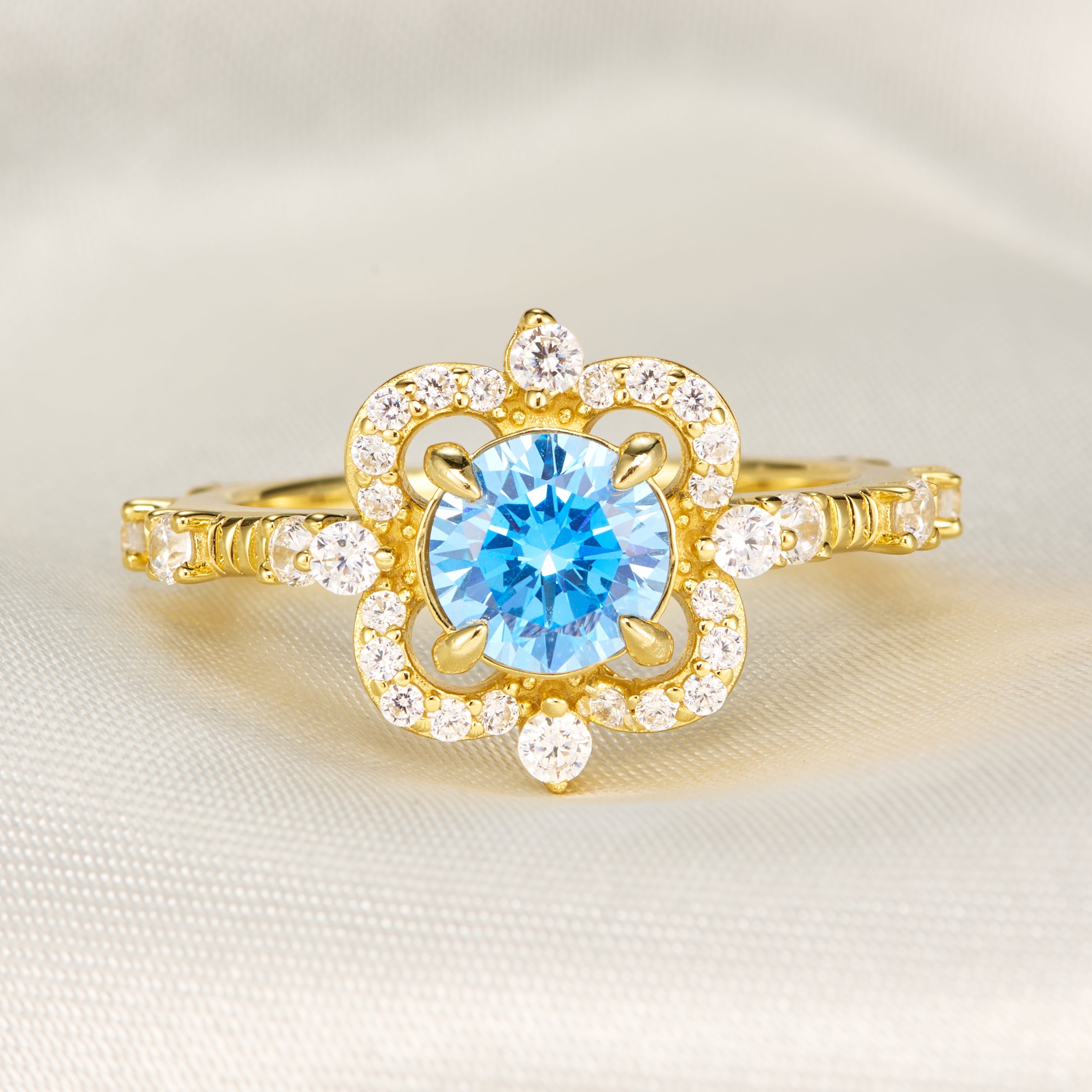 Floating Round Cut Blue Gemstone Engagement Halo Ring