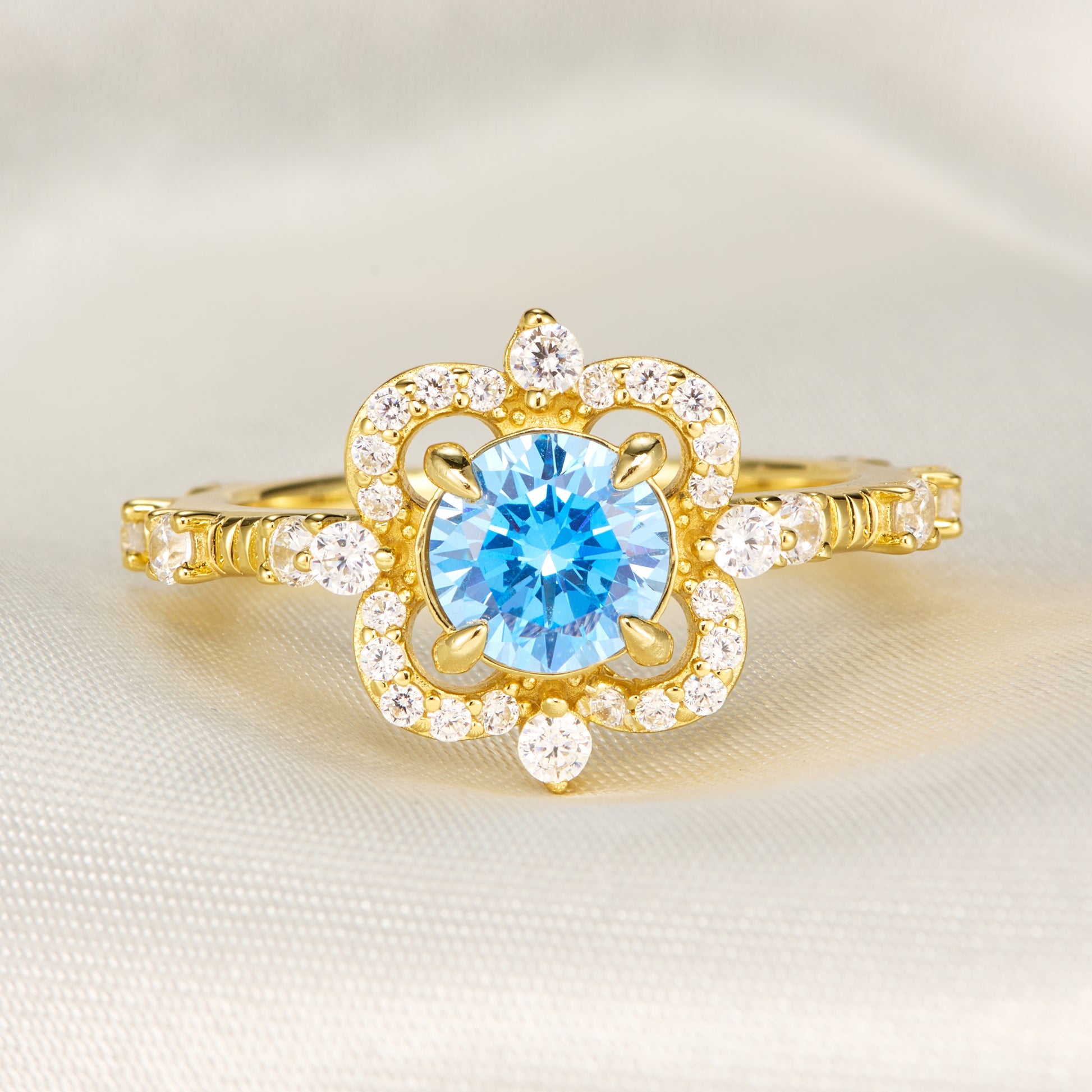 Floating Round Cut Blue Gemstone Engagement Halo Ring