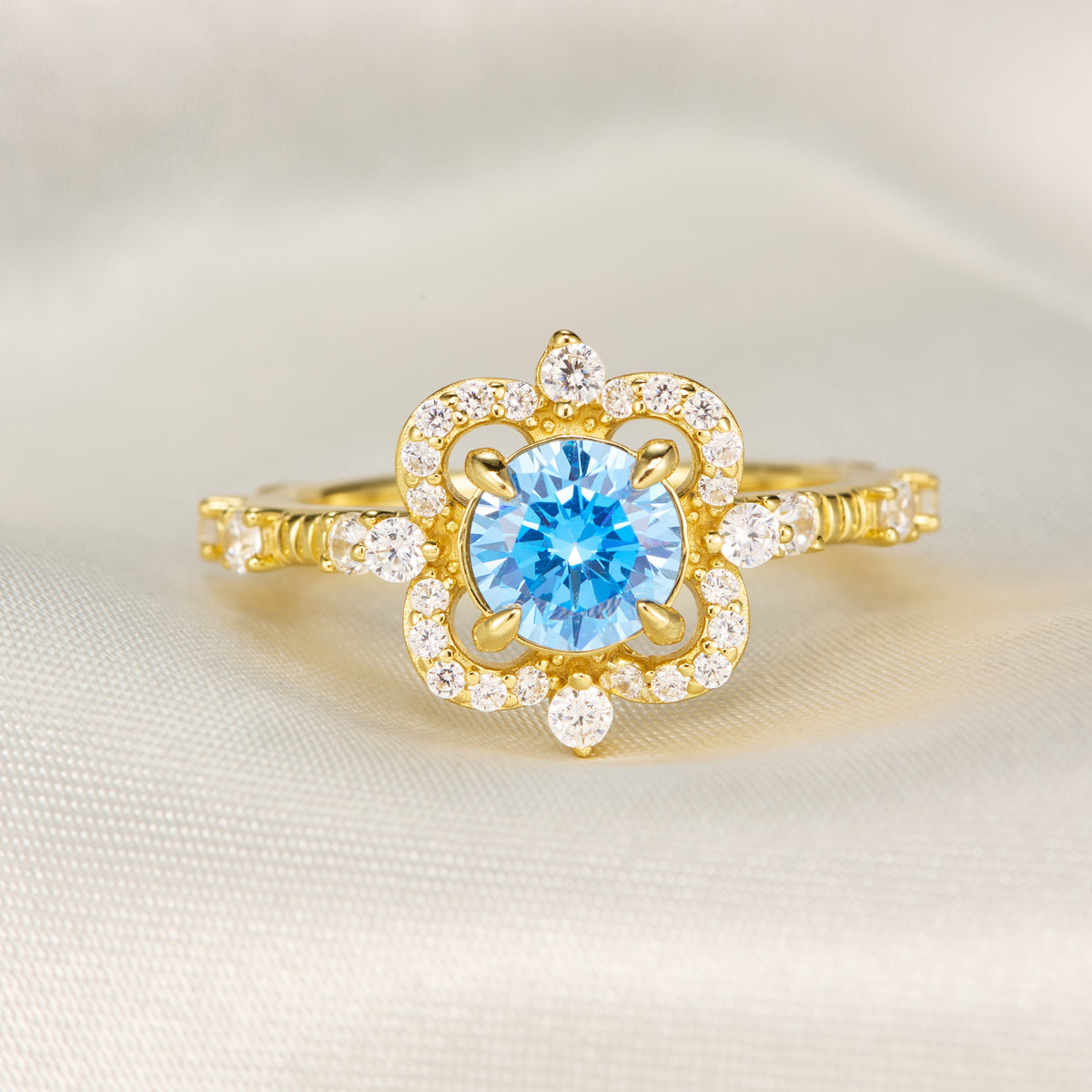 Floating Round Cut Blue Gemstone Engagement Halo Ring