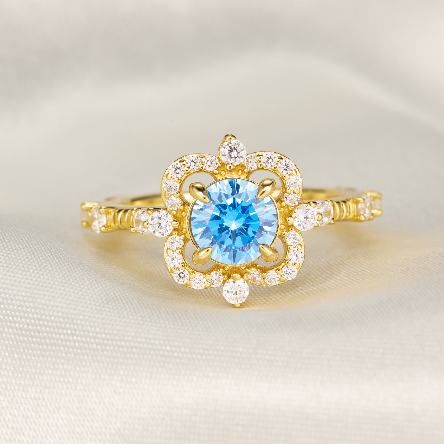 Floating Round Cut Blue Gemstone Engagement Halo Ring