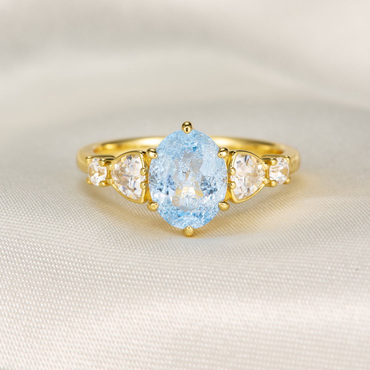 Oval Cut Lab Grown Aquamarine Ice-crackle Texture Ring