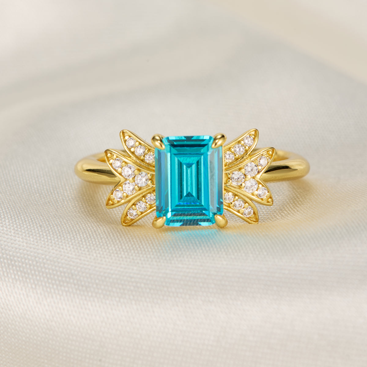 Evadne Emerald-Cut Blue Gemstone Engagement Ring