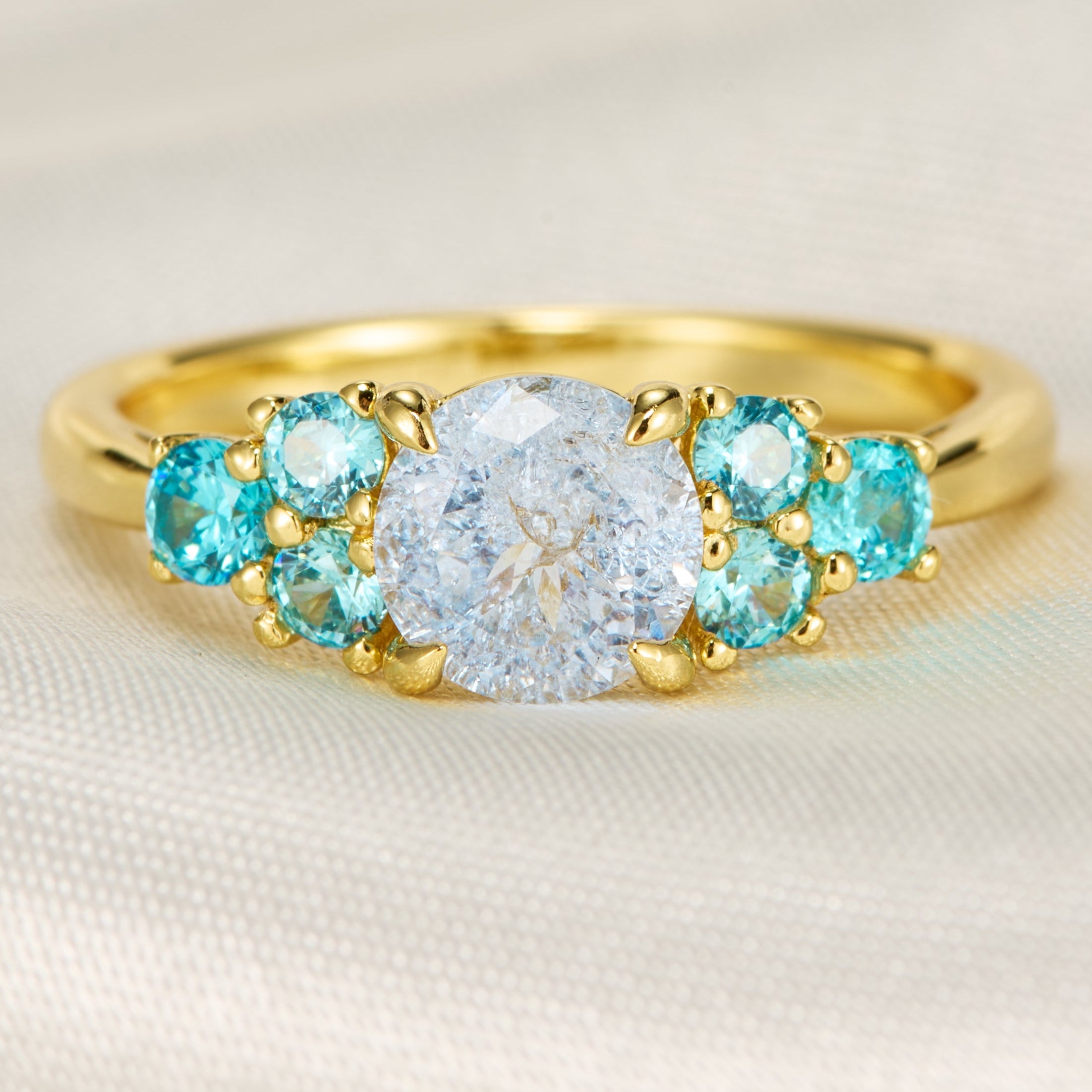 Carina Round Cut Lab Grown Aquamarine Ice-crackle Texture Ring