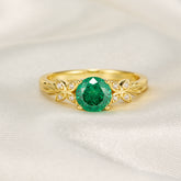Round Cut Lab Grown Emerald Ice-crackle Texture Leafy Engagement Ring