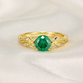 Round Cut Lab Grown Emerald Ice-crackle Texture Leafy Engagement Ring