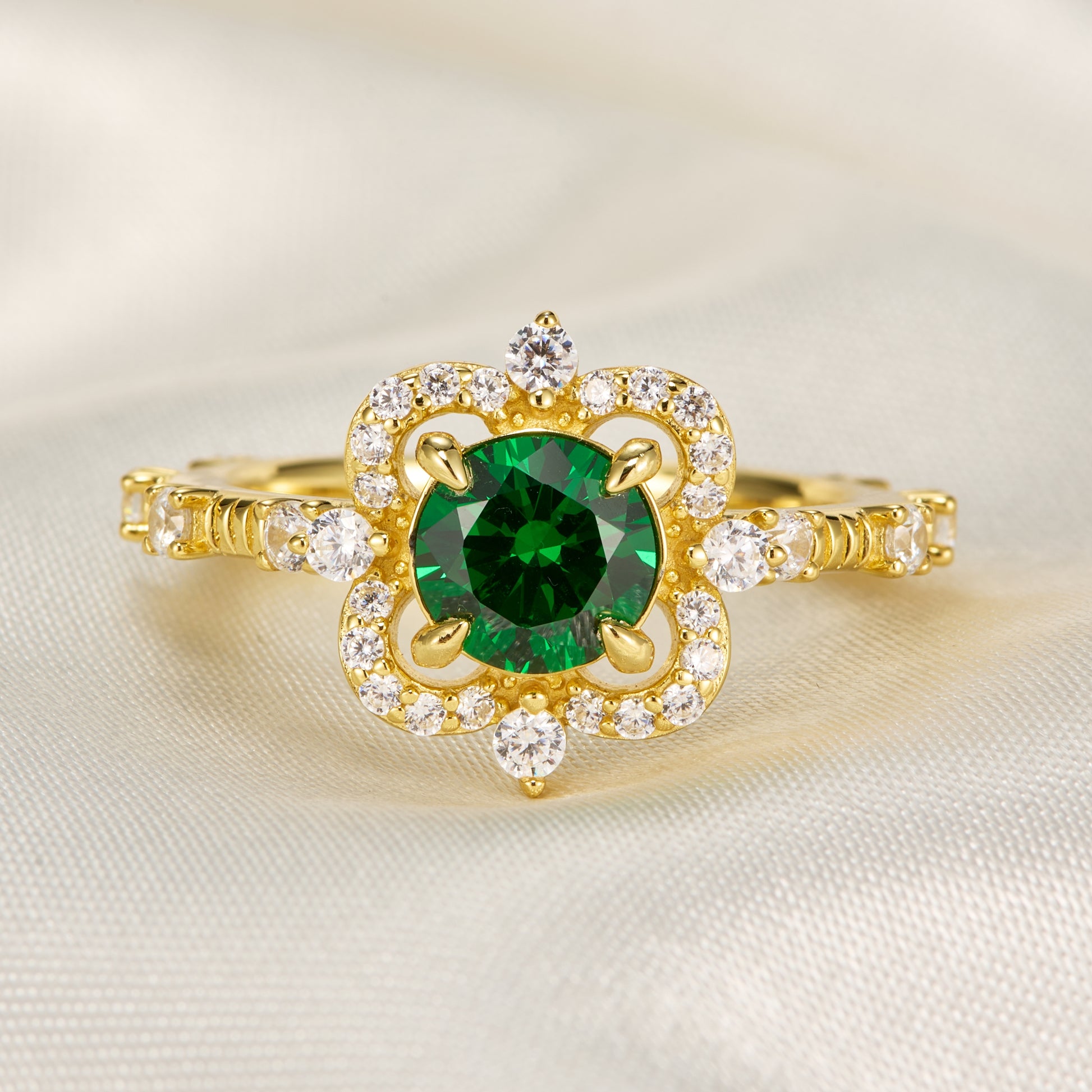 Floating Round Cut Lab Grown Emerald Engagement Halo Ring