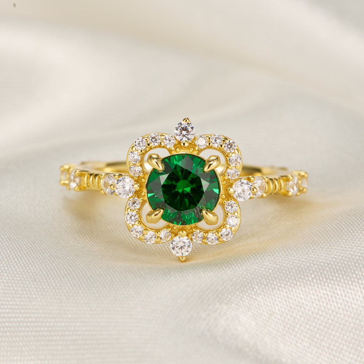 Floating Round Cut Lab Grown Emerald Engagement Halo Ring