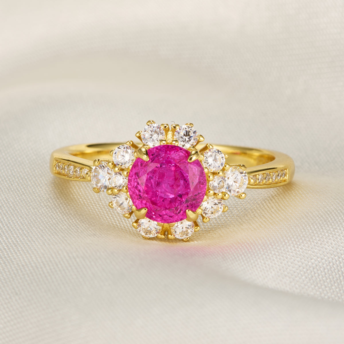 Bethany Round Cut Lab Grown Rose Sapphire Ice-crackle Texture Ring
