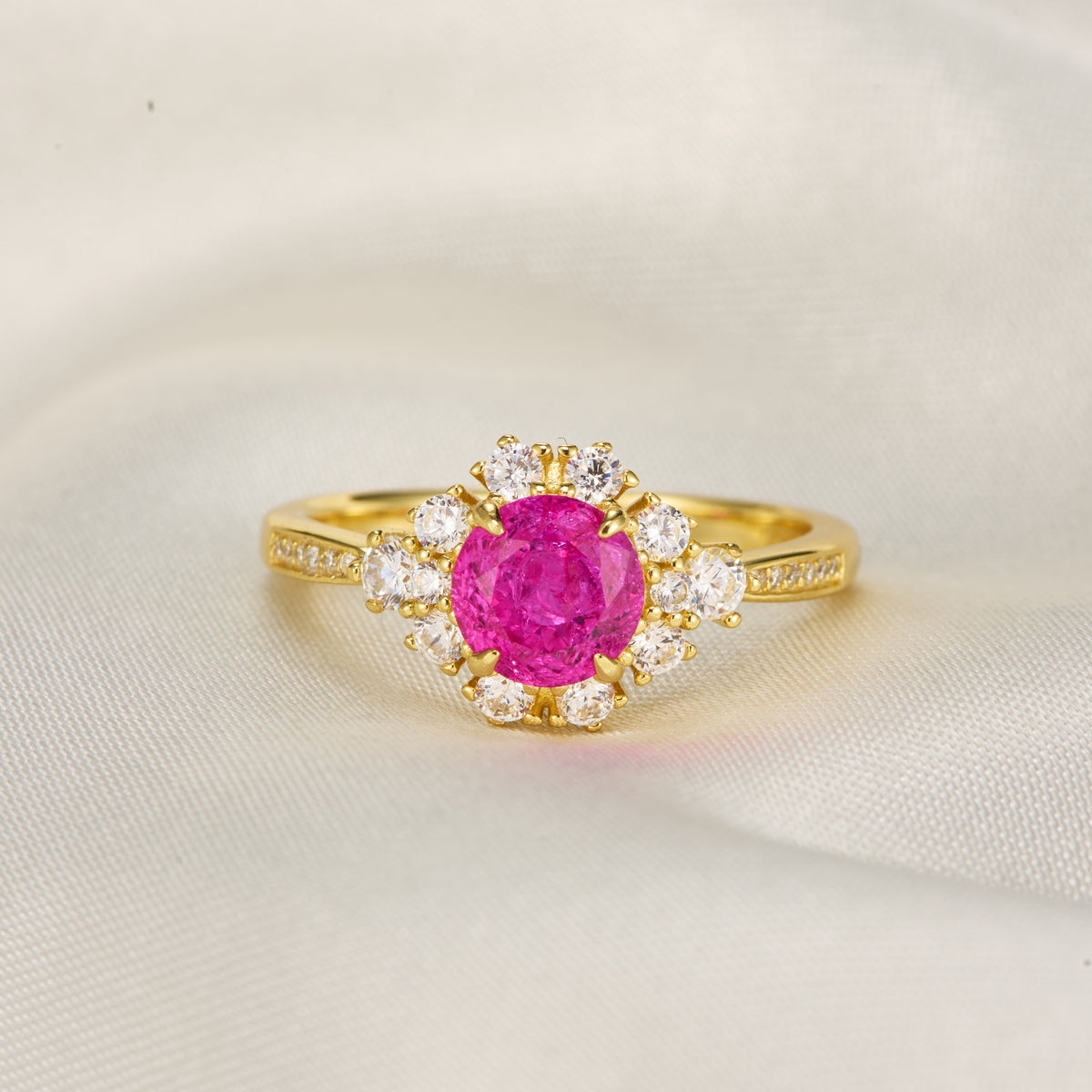 Bethany Round Cut Lab Grown Rose Sapphire Ice-crackle Texture Ring