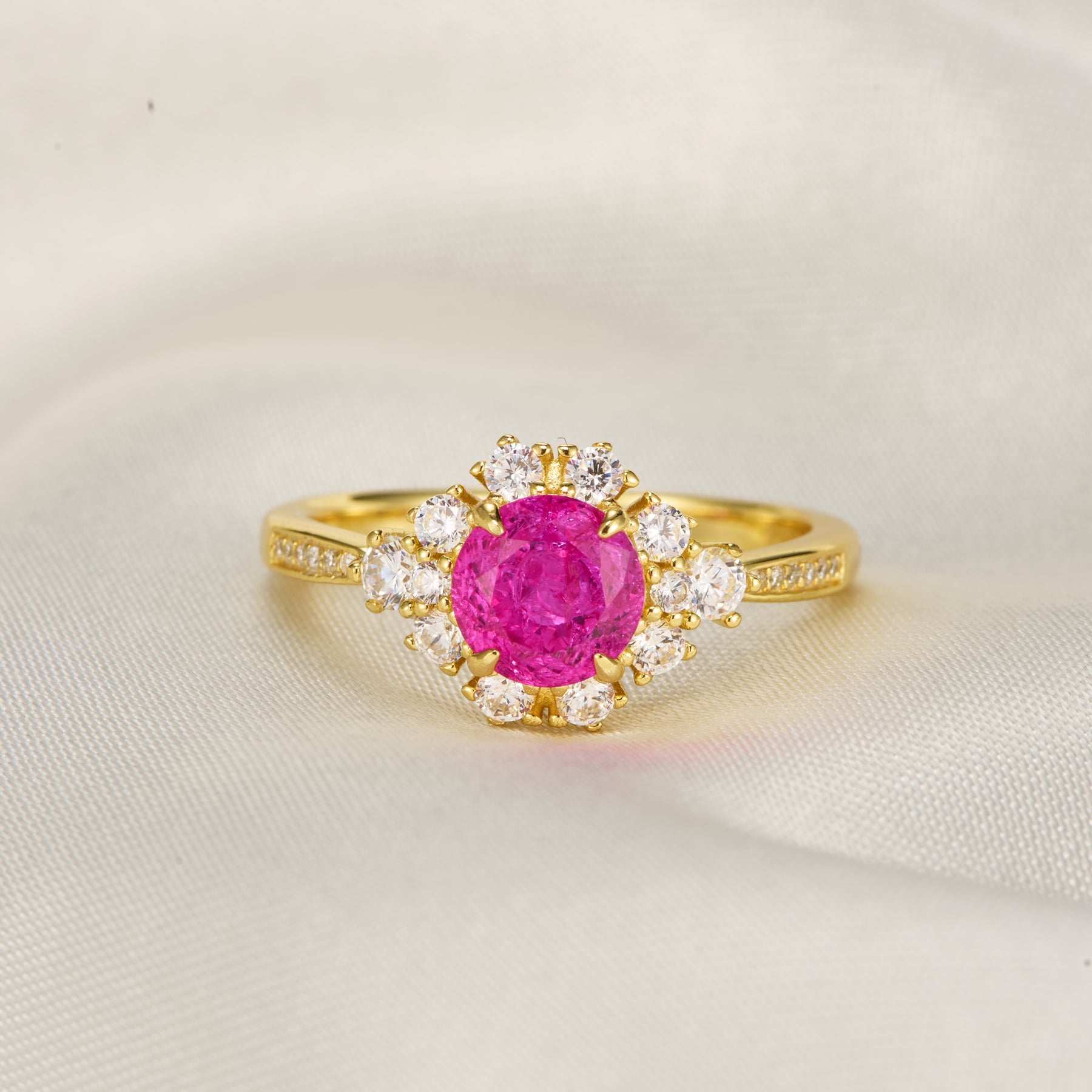 Bethany Round Cut Lab Grown Rose Sapphire Ice-crackle Texture Ring