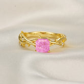 Princess Cut Lab Grown Padparadscha Sapphire Ice-crackle Texture Leafy Ring