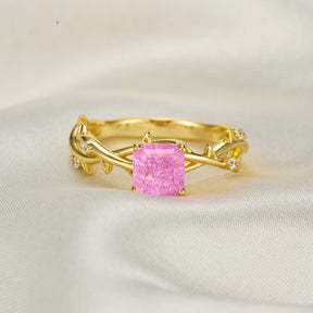 Princess Cut Lab Grown Padparadscha Sapphire Ice-crackle Texture Leafy Ring