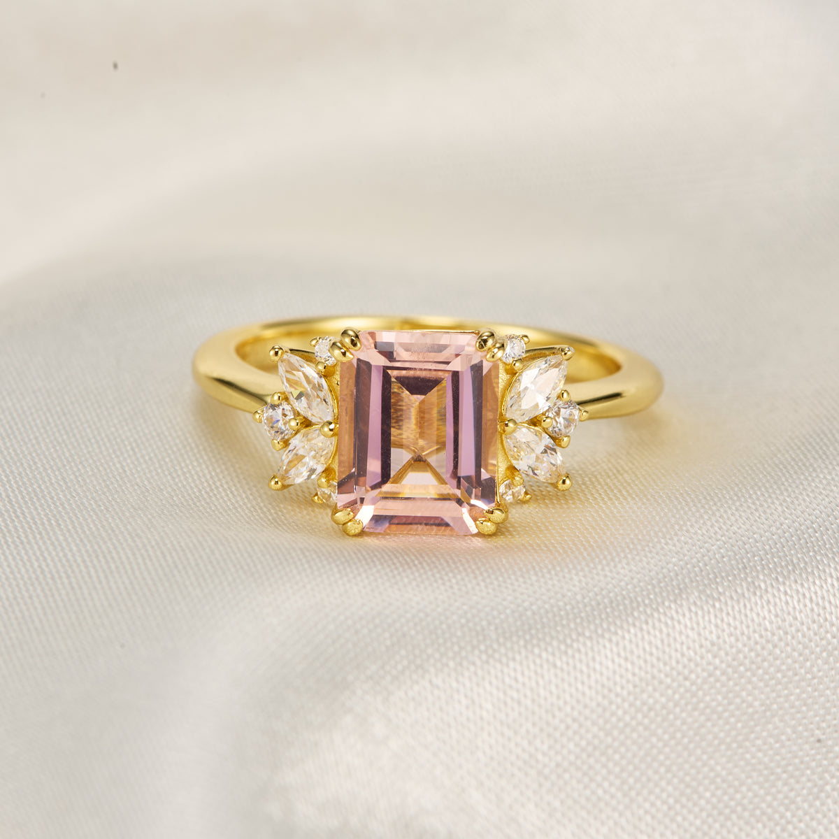 Solandra Emerald Cut Lab Grown Padparadscha Sapphire Ring