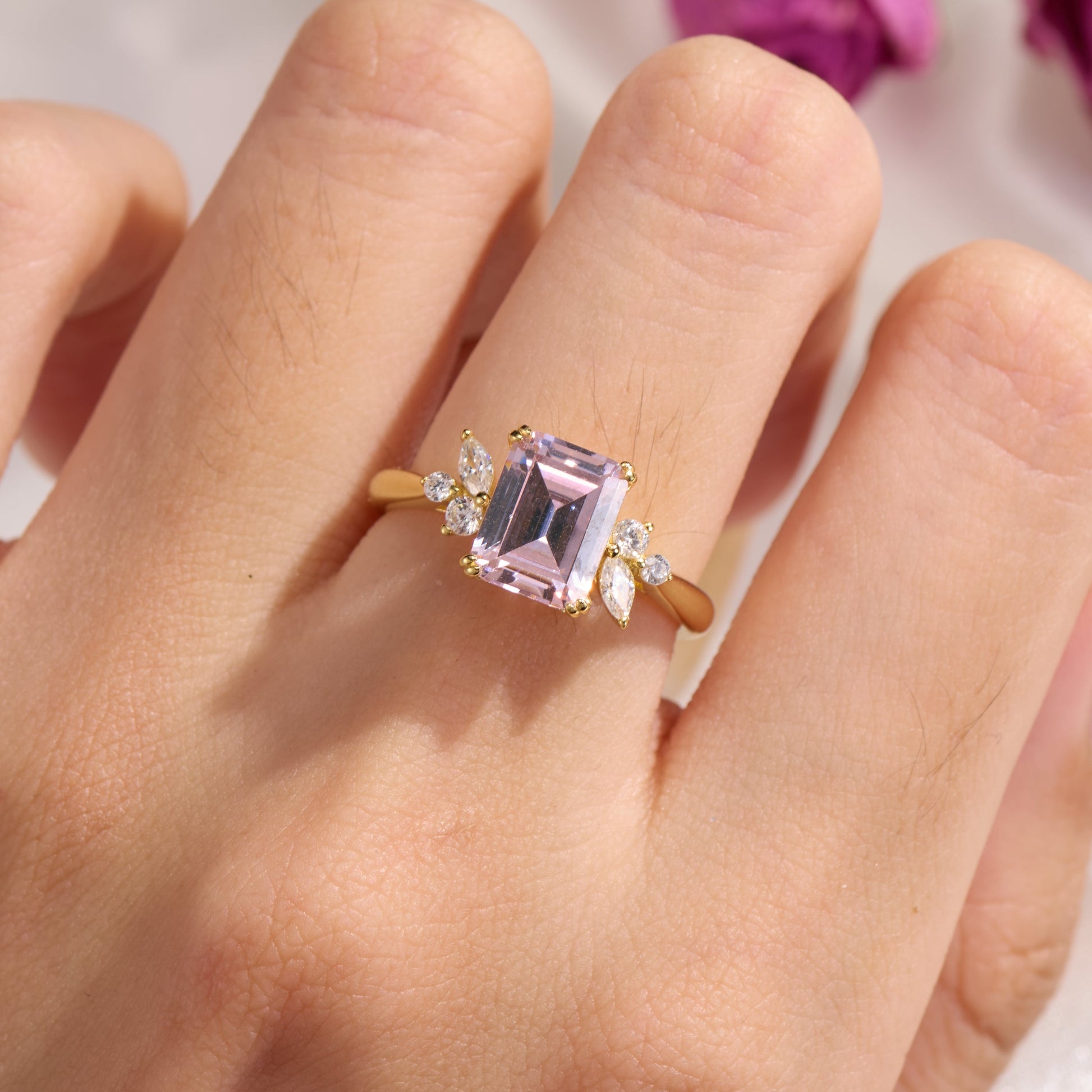Virelia Vintage Emerald Cut Lab Grown Pink Sapphire Ring