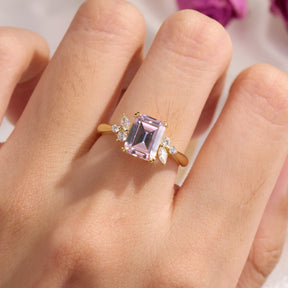 Virelia Vintage Emerald Cut Lab Grown Padparadscha Sapphire Ring