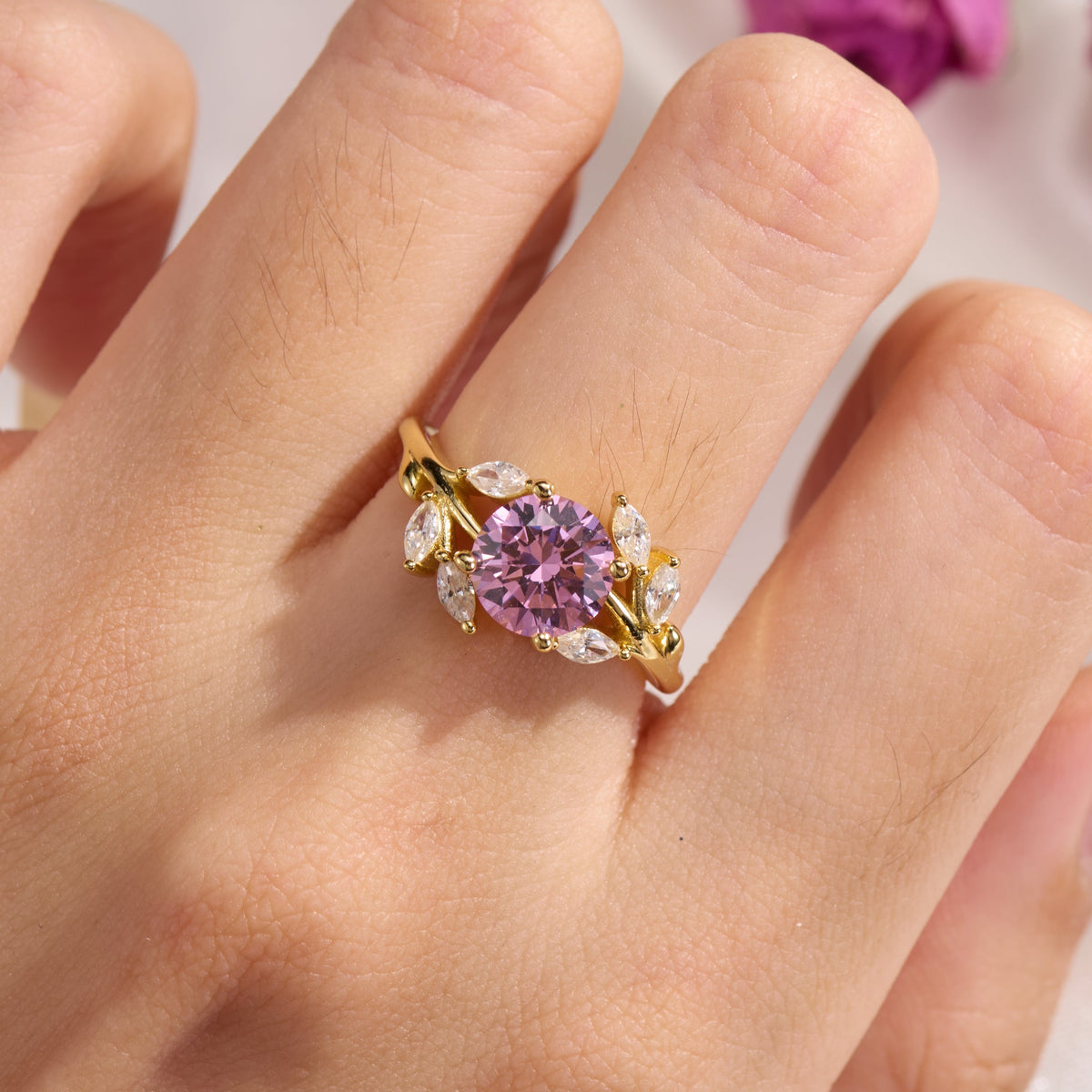 Sylvana Round Cut Lab Grown Padparadscha Sapphire Ring