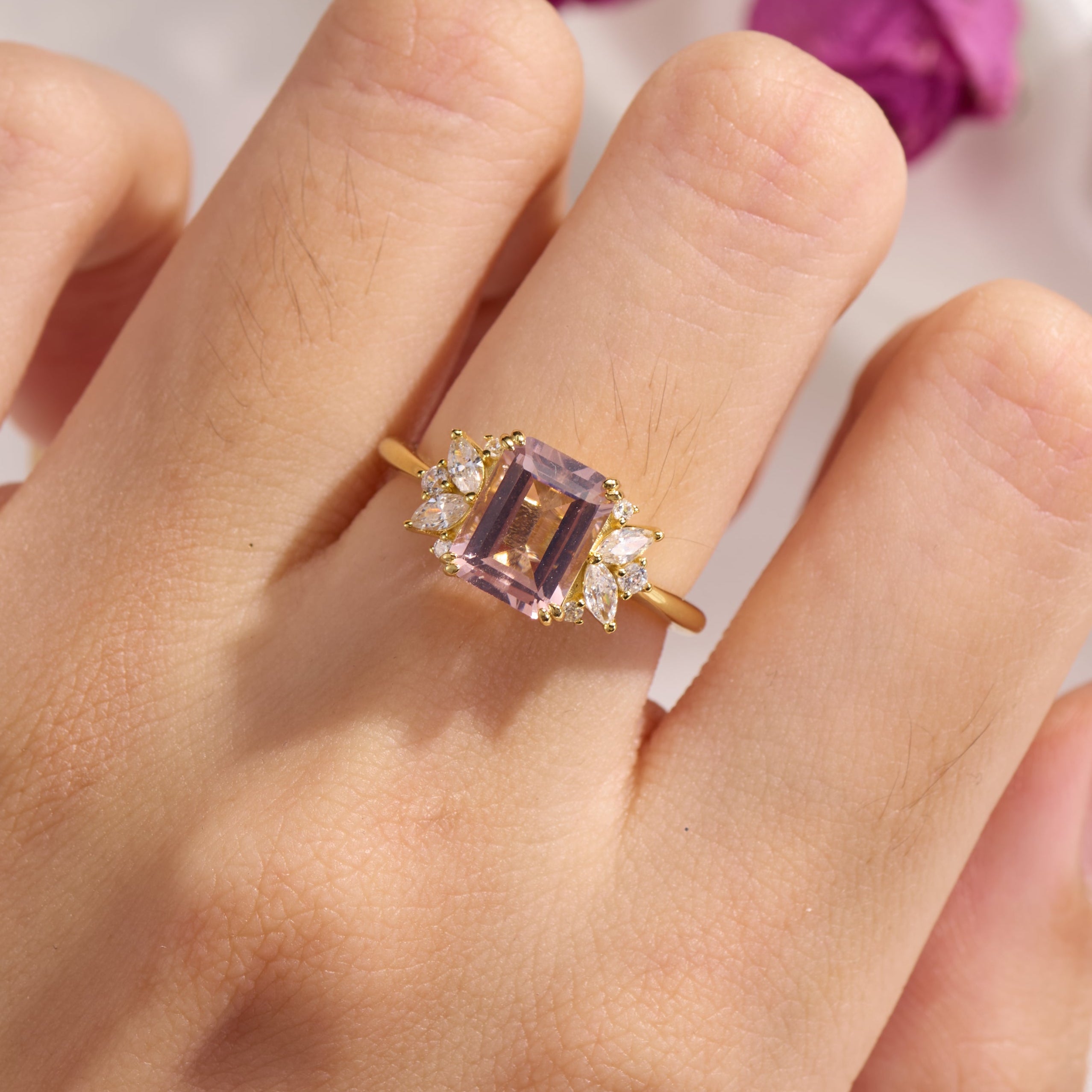 Solandra Emerald Cut Lab Grown Padparadscha Ring