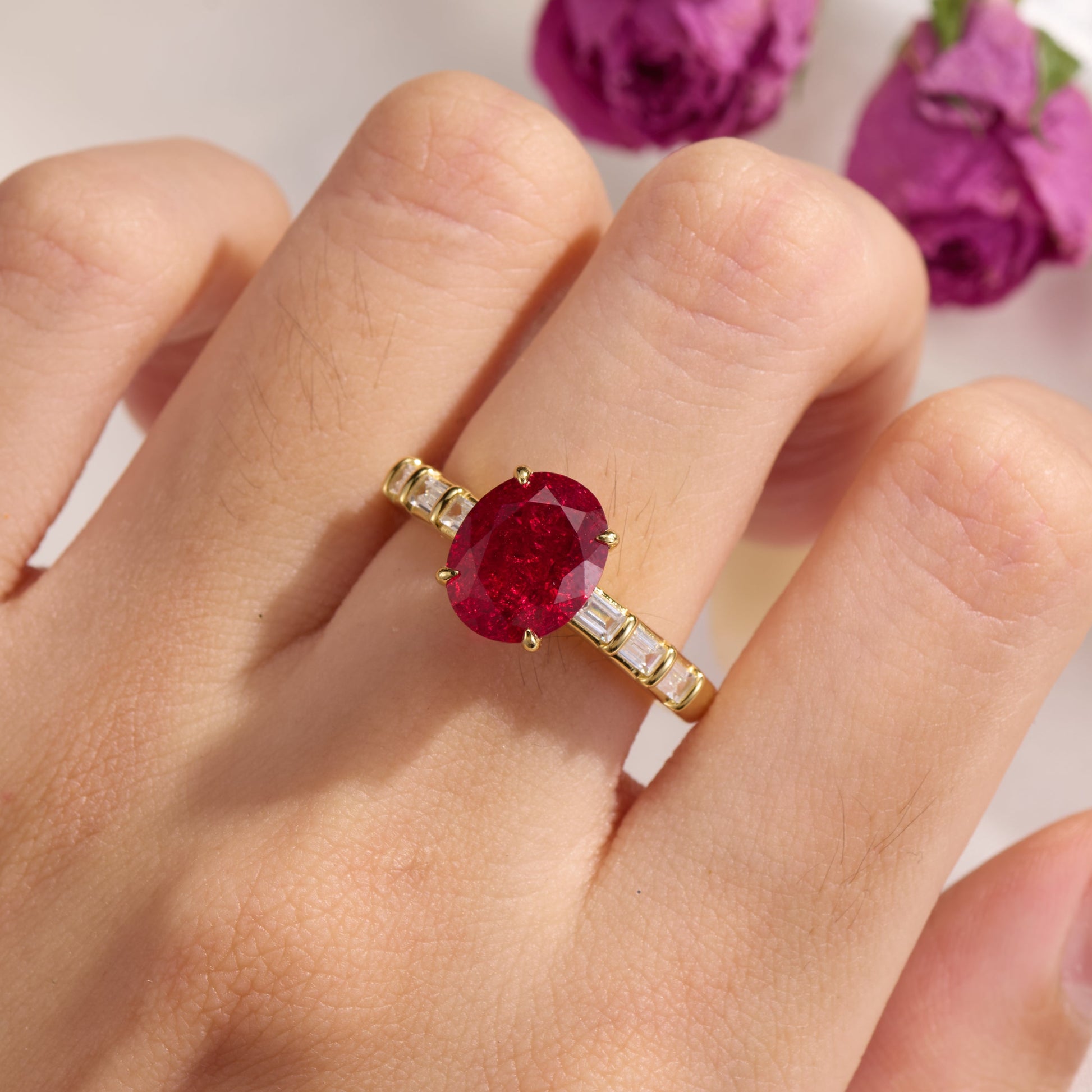 The Celeste Oval Cut Lab Grown Ruby Ice-crackle Texture Ring