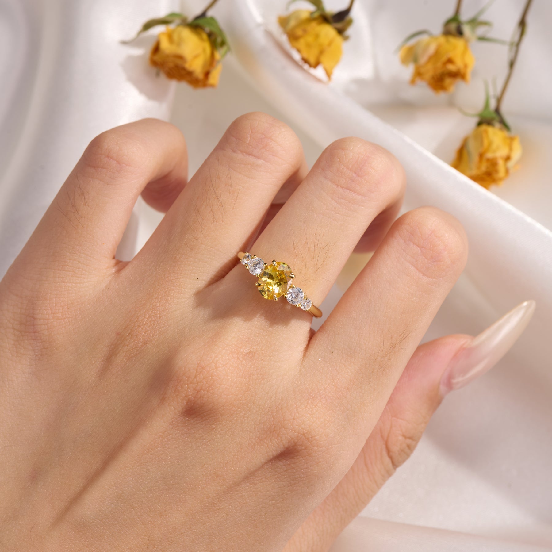 The Alina Oval Cut Lab-Grown Yellow Sapphire Ice-crackle Texture Ring