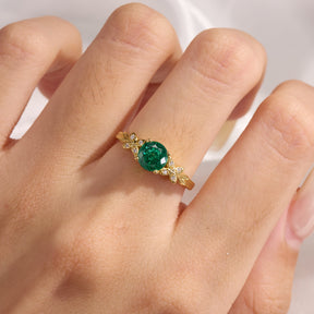Round Cut Lab Grown Emerald Ice-crackle Texture Leafy Engagement Ring