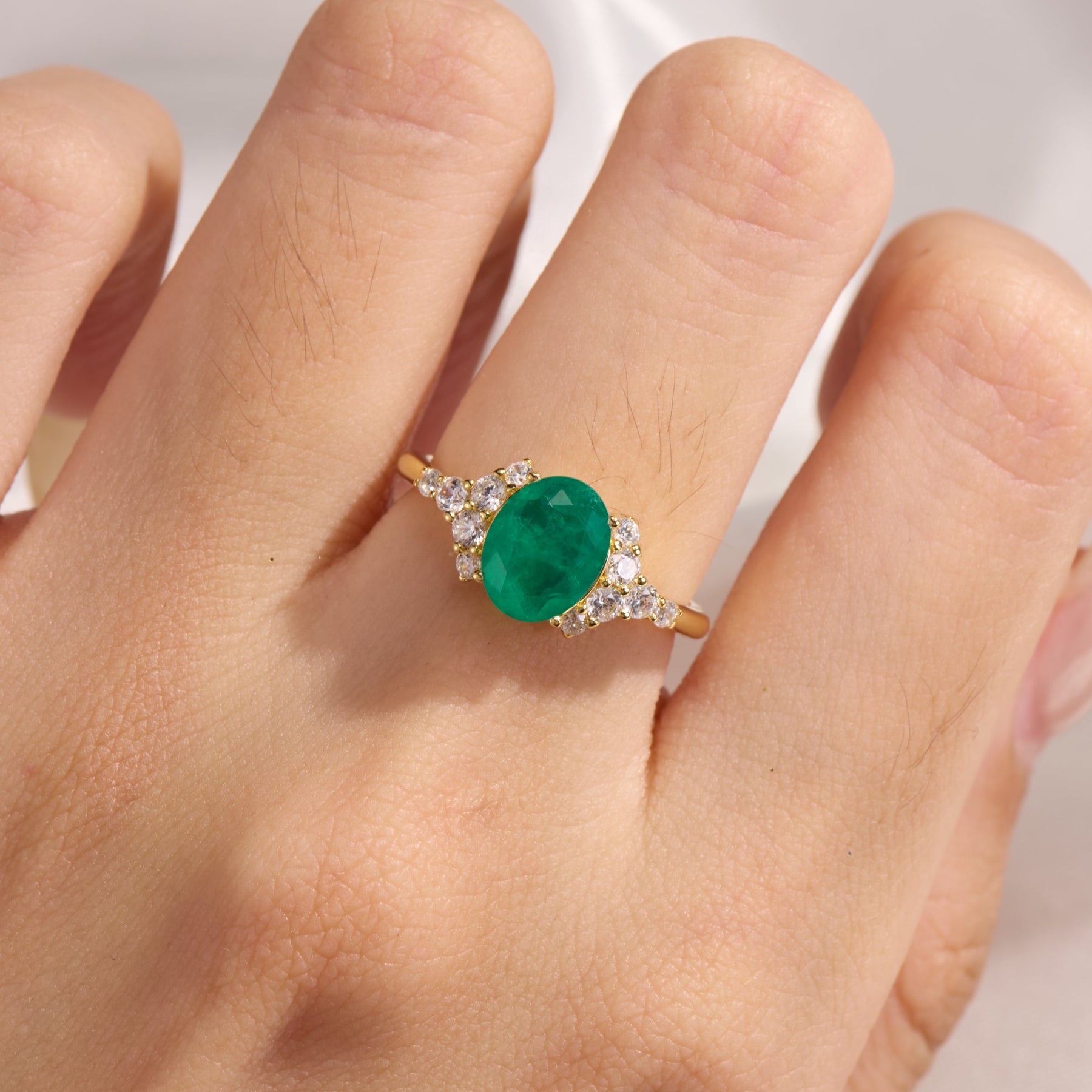 Olivia Jane Oval Cut Lab Grown Emerald Triple Stone Ice-crackle Texture Ring