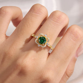Floating Round Cut Lab Grown Emerald Engagement Halo Ring