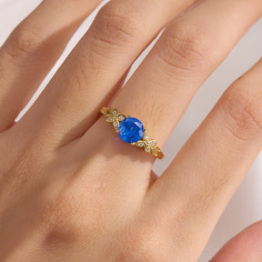 Round Cut Lab Grown Sapphire Ice-crackle Texture Leafy Engagement Ring