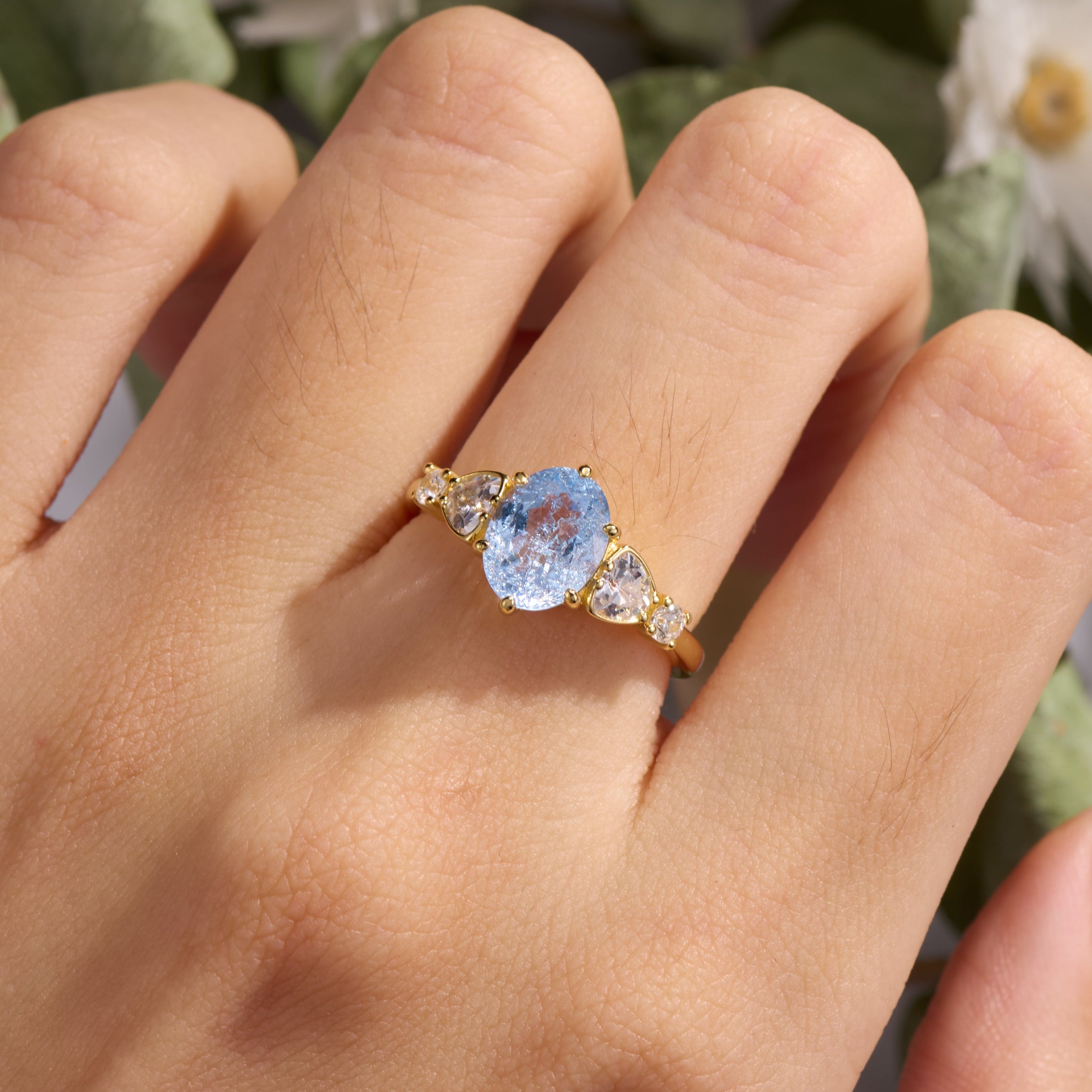 Oval Cut Lab Grown Aquamarine Ice-crackle Texture Ring