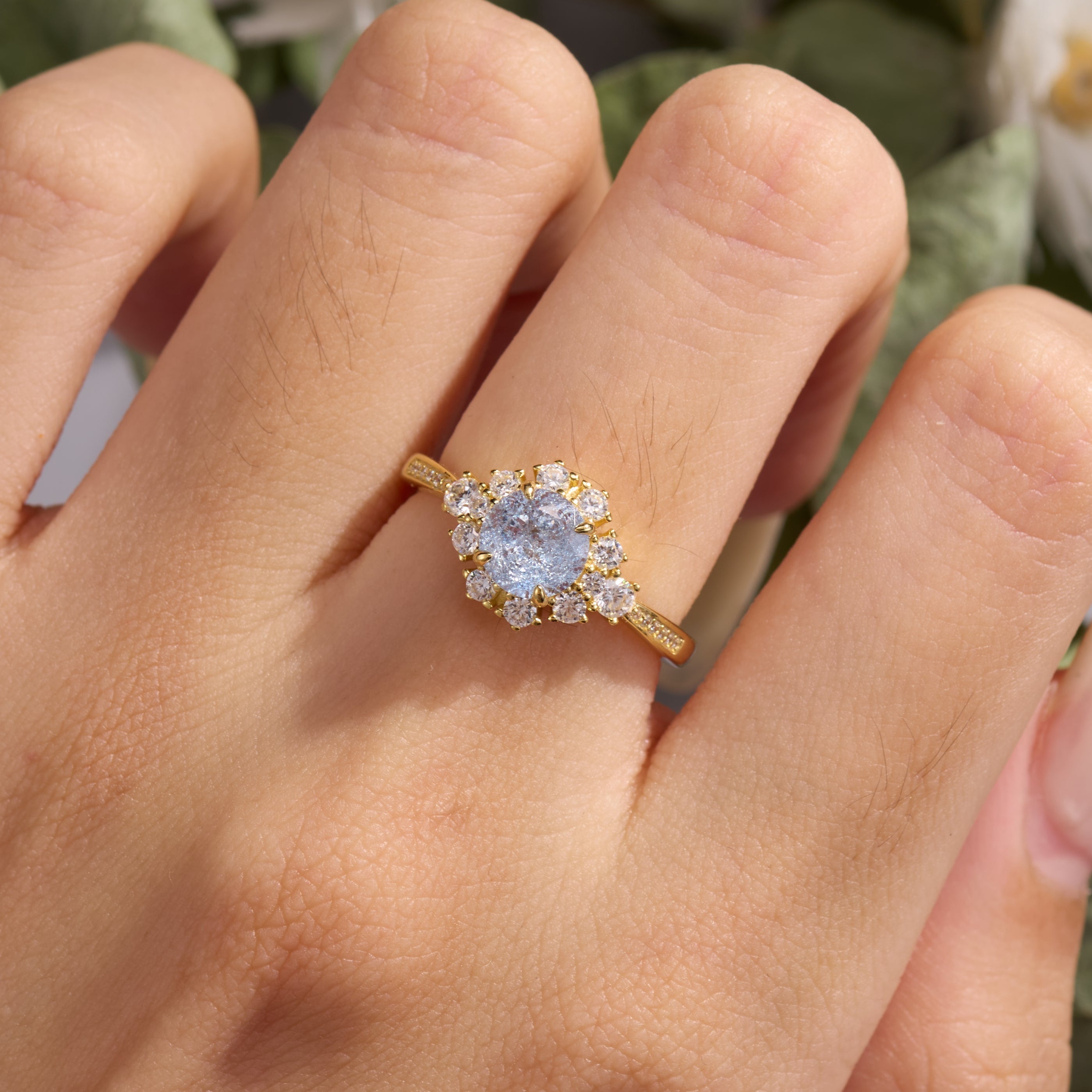 Bethany Round Cut Lab Grown Aquamarine Ice-crackle Texture Ring