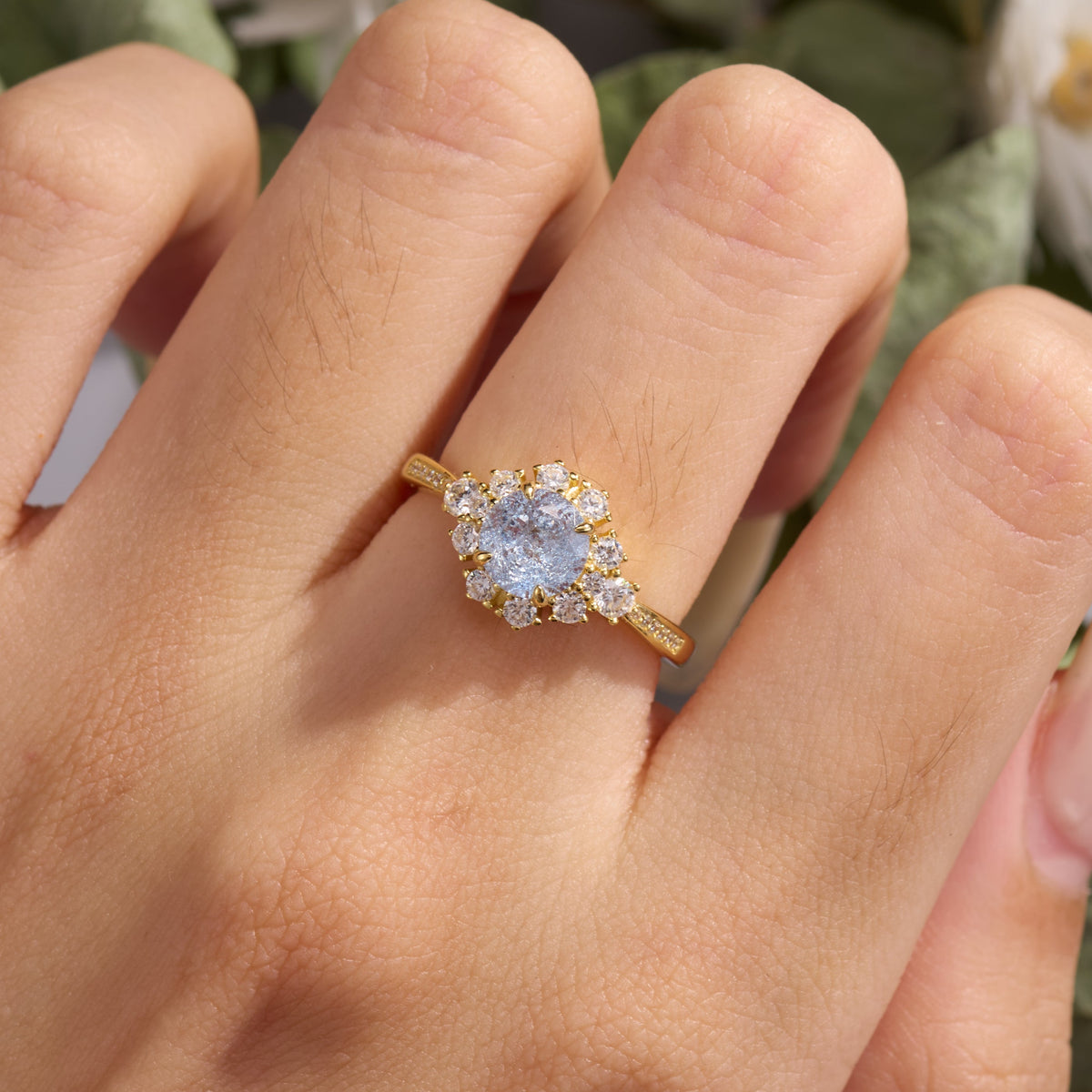 Bethany Round Cut Lab Grown Aquamarine Ice-crackle Texture Ring