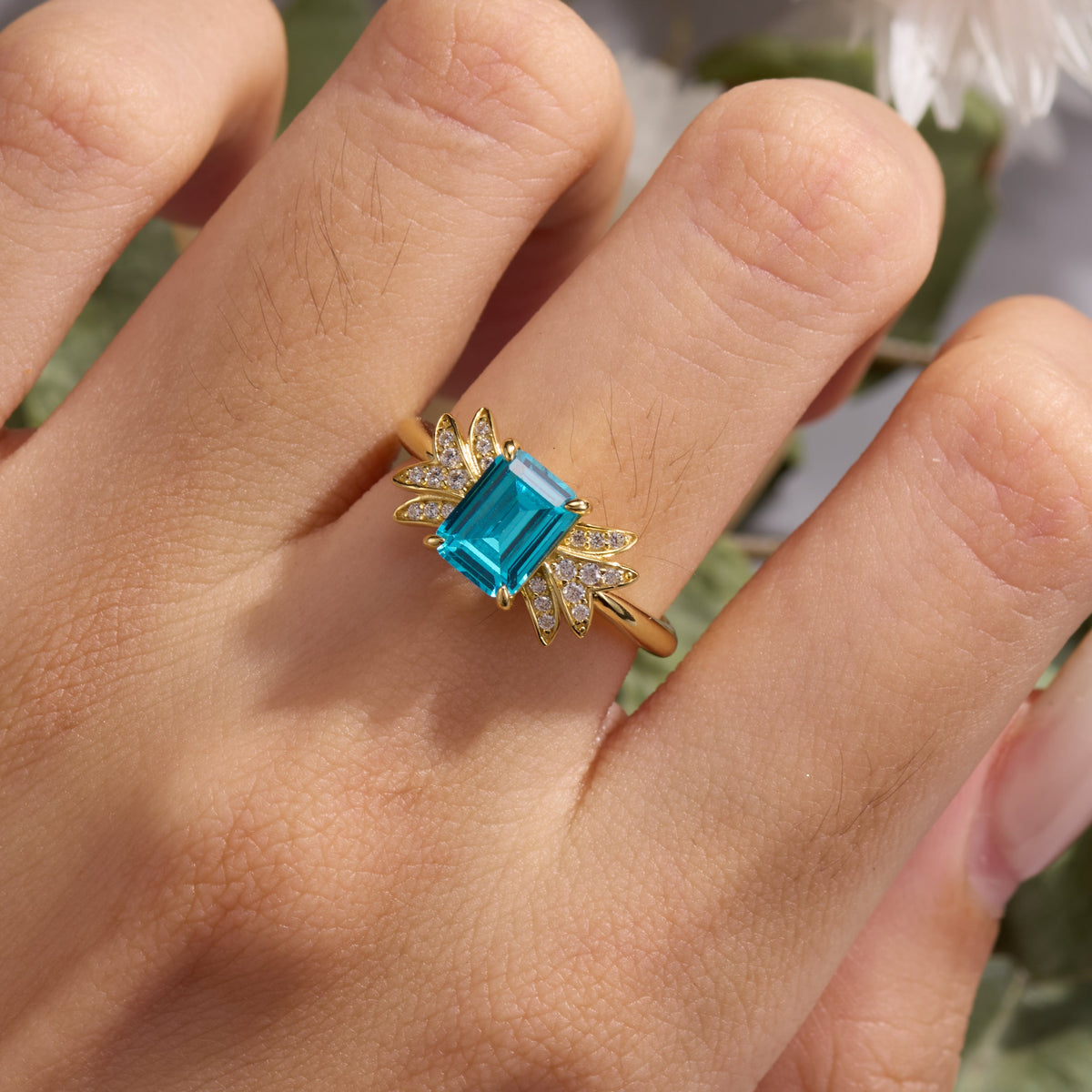 Evadne Emerald-Cut Blue Gemstone Engagement Ring