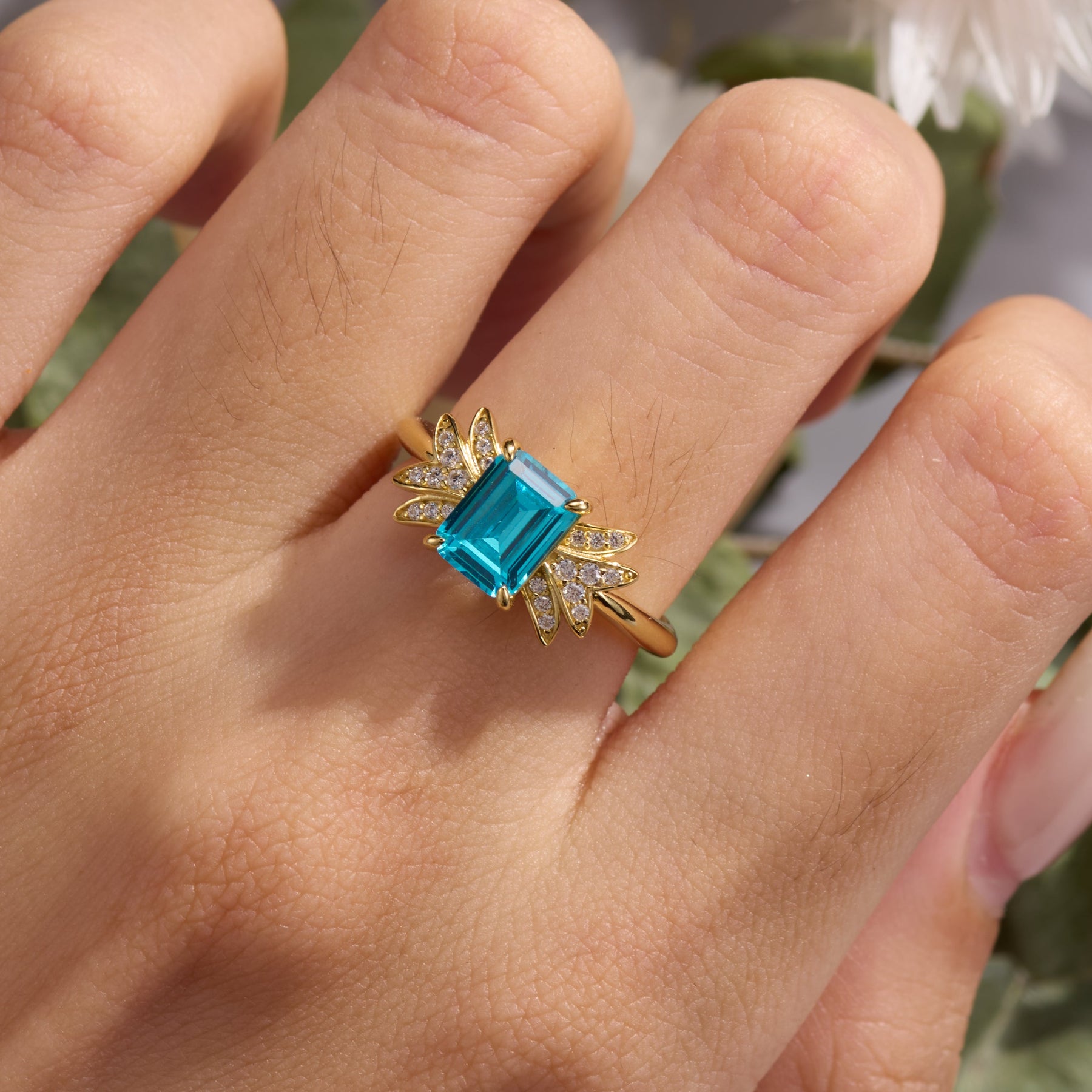 Evadne Emerald-Cut Blue Gemstone Engagement Ring