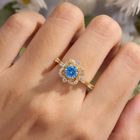 Floating Round Cut Blue Gemstone Engagement Halo Ring