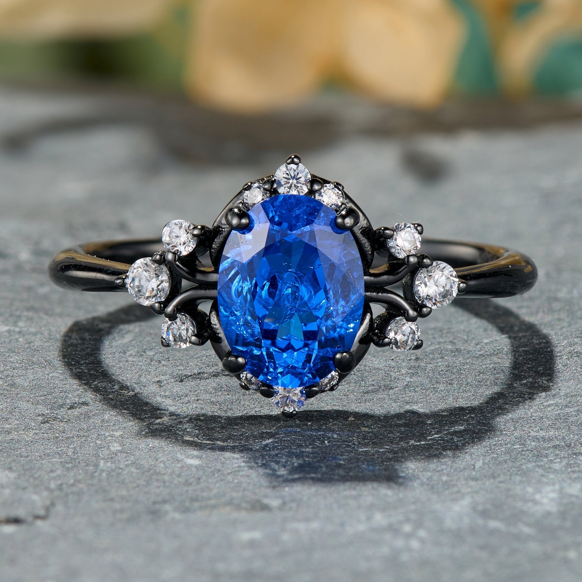 Valoria Oval Cut Lab Grown Sapphire Ice-crackle Texture Black Gold Ring