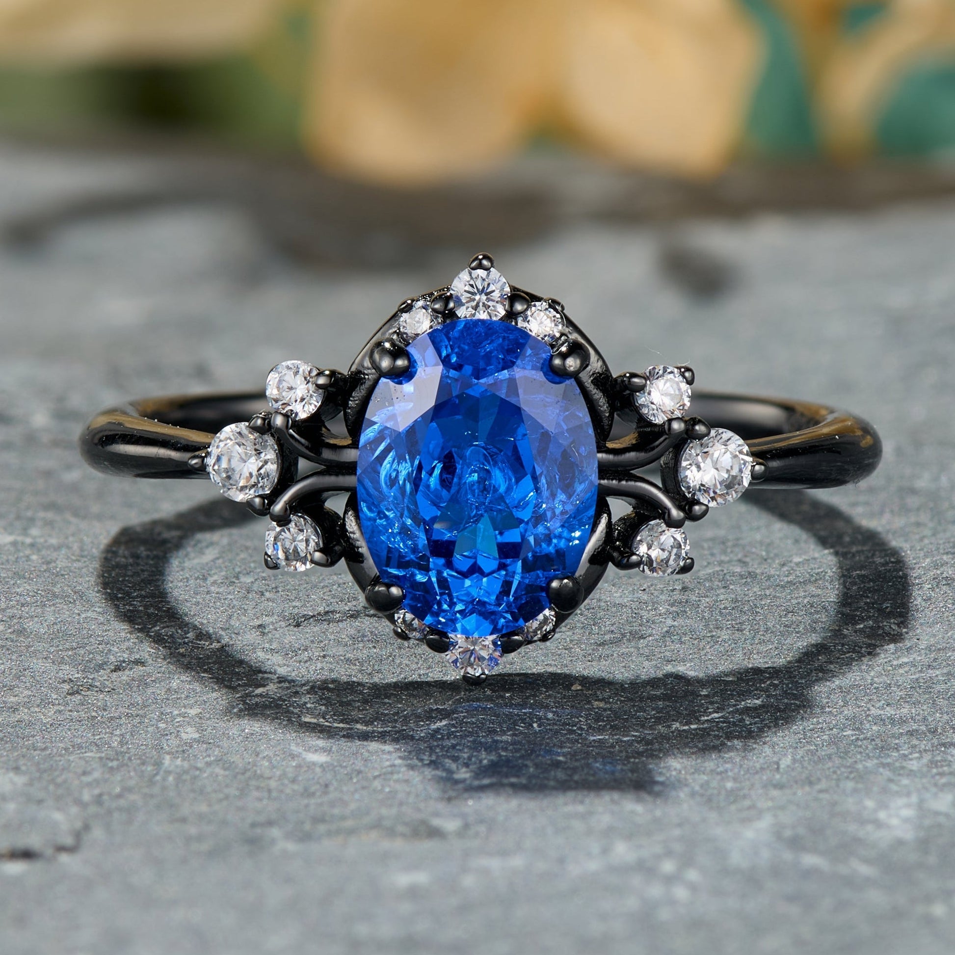 Valoria Oval Cut Lab Grown Sapphire Ice-crackle Texture Black Gold Ring
