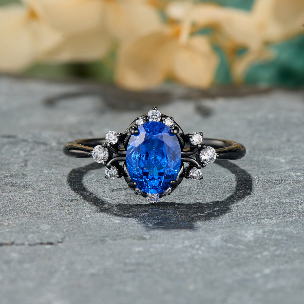 Valoria Oval Cut Lab Grown Sapphire Ice-crackle Texture Black Gold Ring