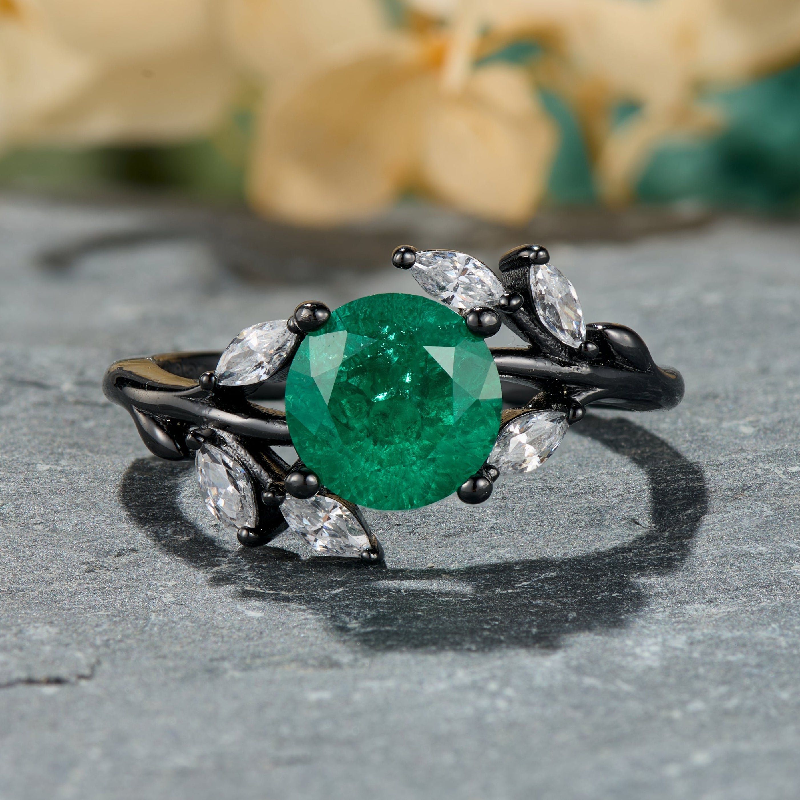Sylvana Round Cut Lab-Grown Emerald Ice-crackle Texture Black Gold Ring