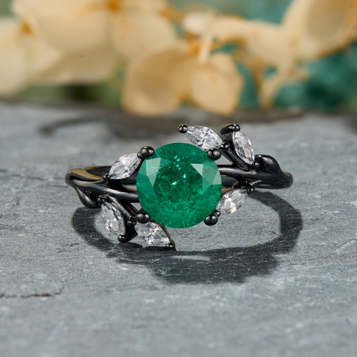 Sylvana Round Cut Lab-Grown Emerald Ice-crackle Texture Black Gold Ring