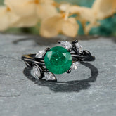 Sylvana Round Cut Lab-Grown Emerald Ice-crackle Texture Black Gold Ring