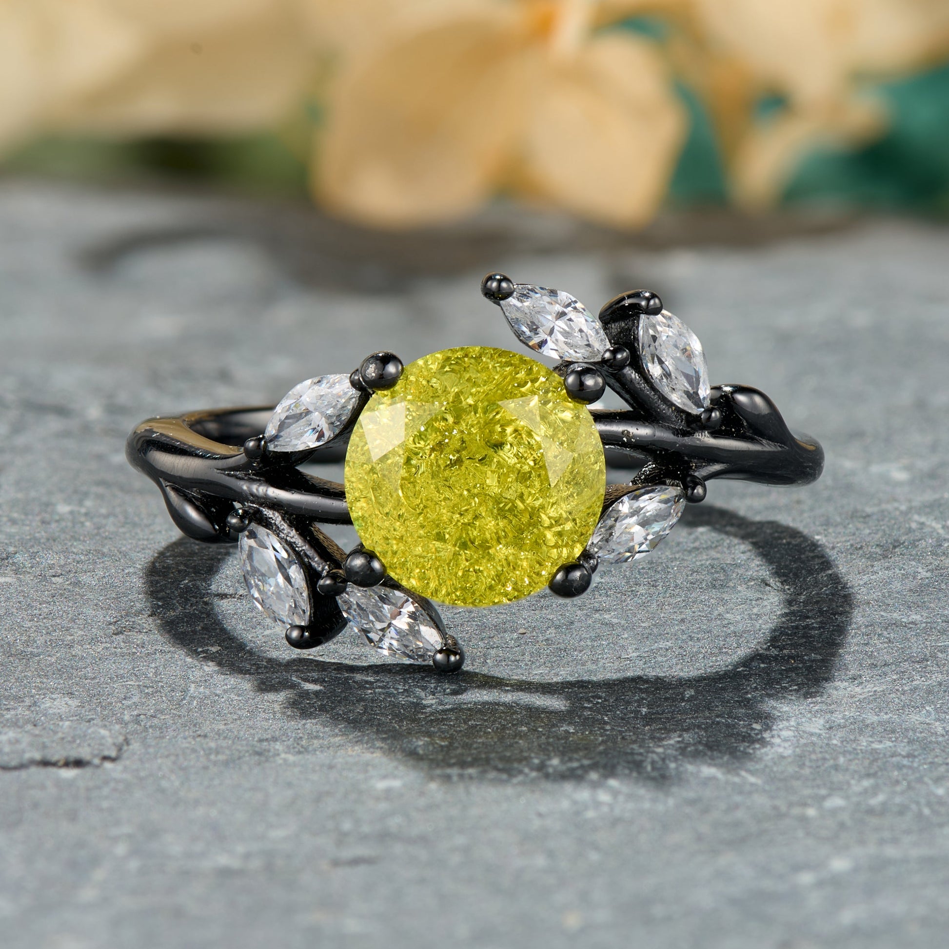 Sylvana Round Cut Lab-Grown Yellow Garnets Ice-crackle Texture Black Gold Ring